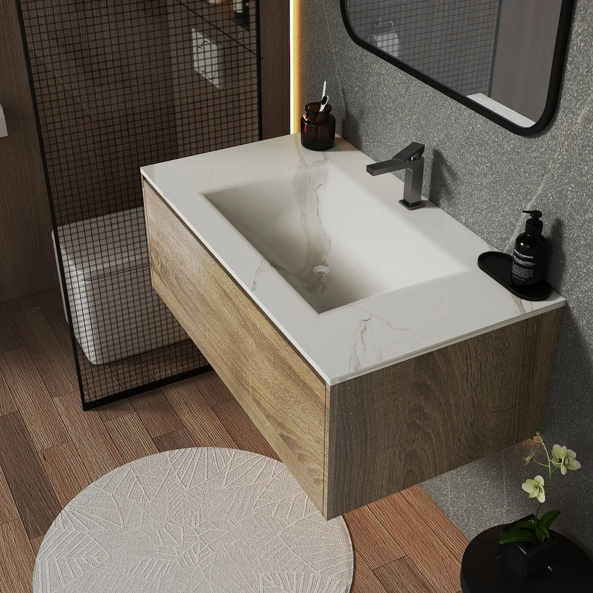 Aventino 32-36-40-inch flat-front floating single-sink vanity detail