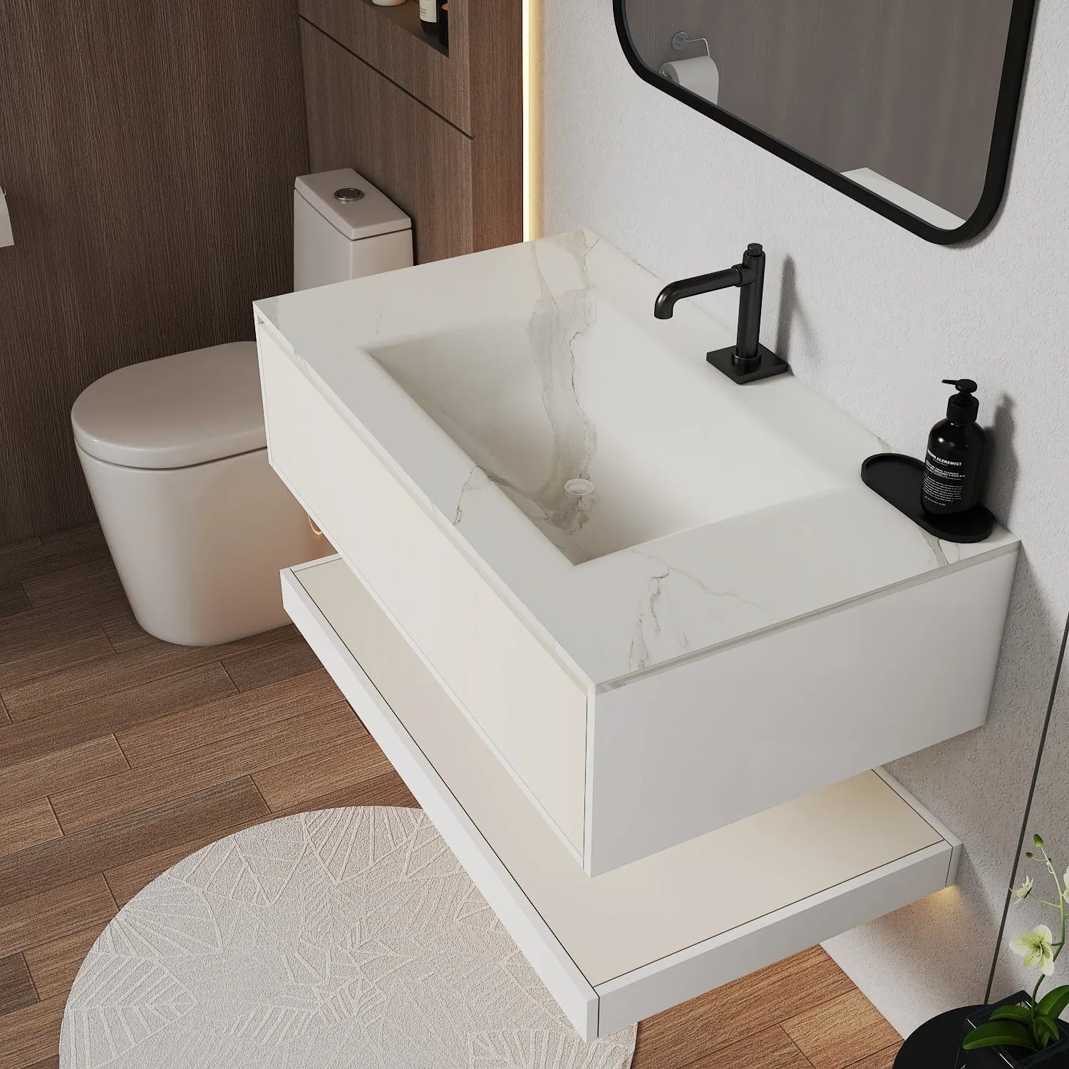 Aventino 32-36-40" Plywood Shelf Floating Single-Sink Vanity with Sintered Stone Top