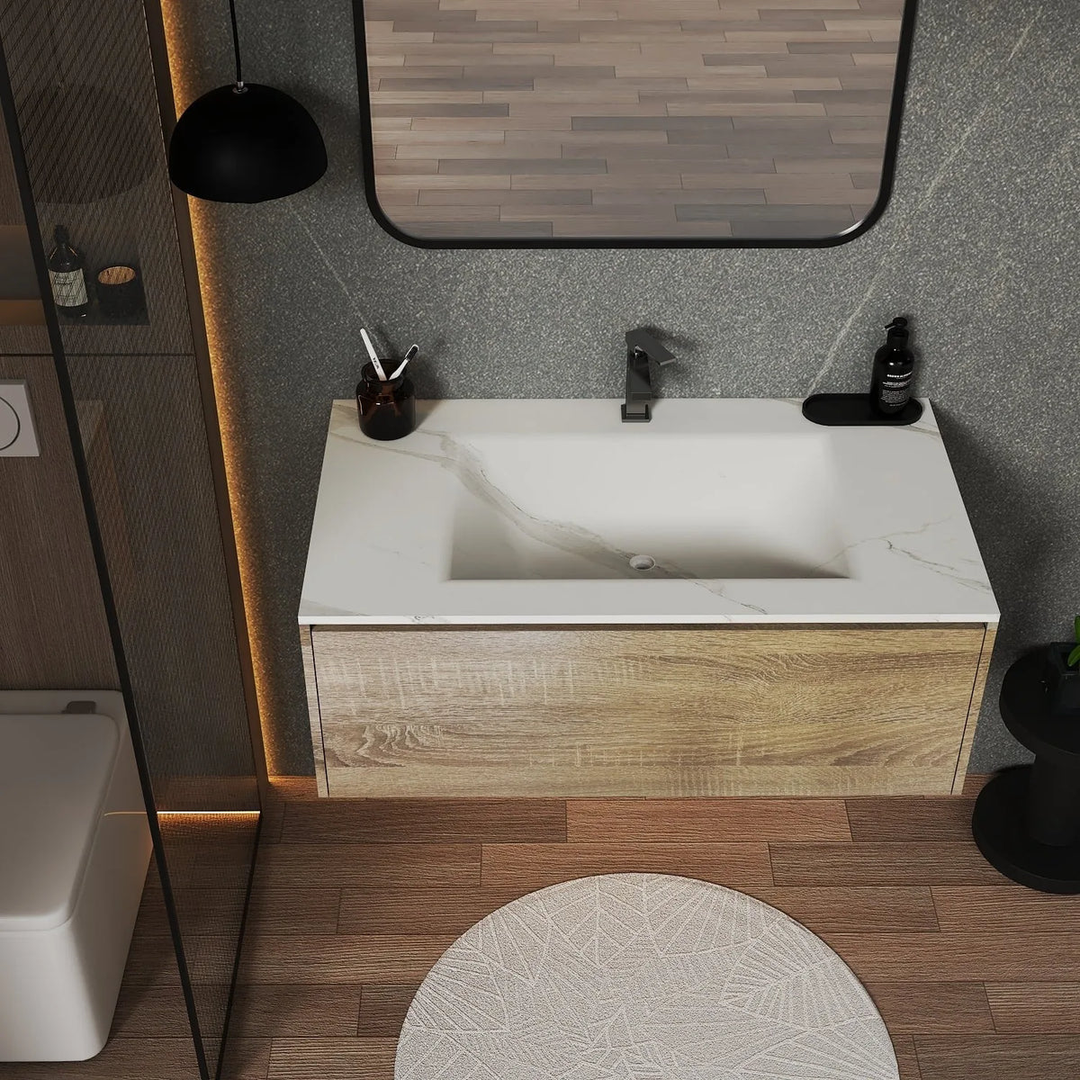 Aventino 32-36-40-inch flat-front floating single-sink vanity detail
