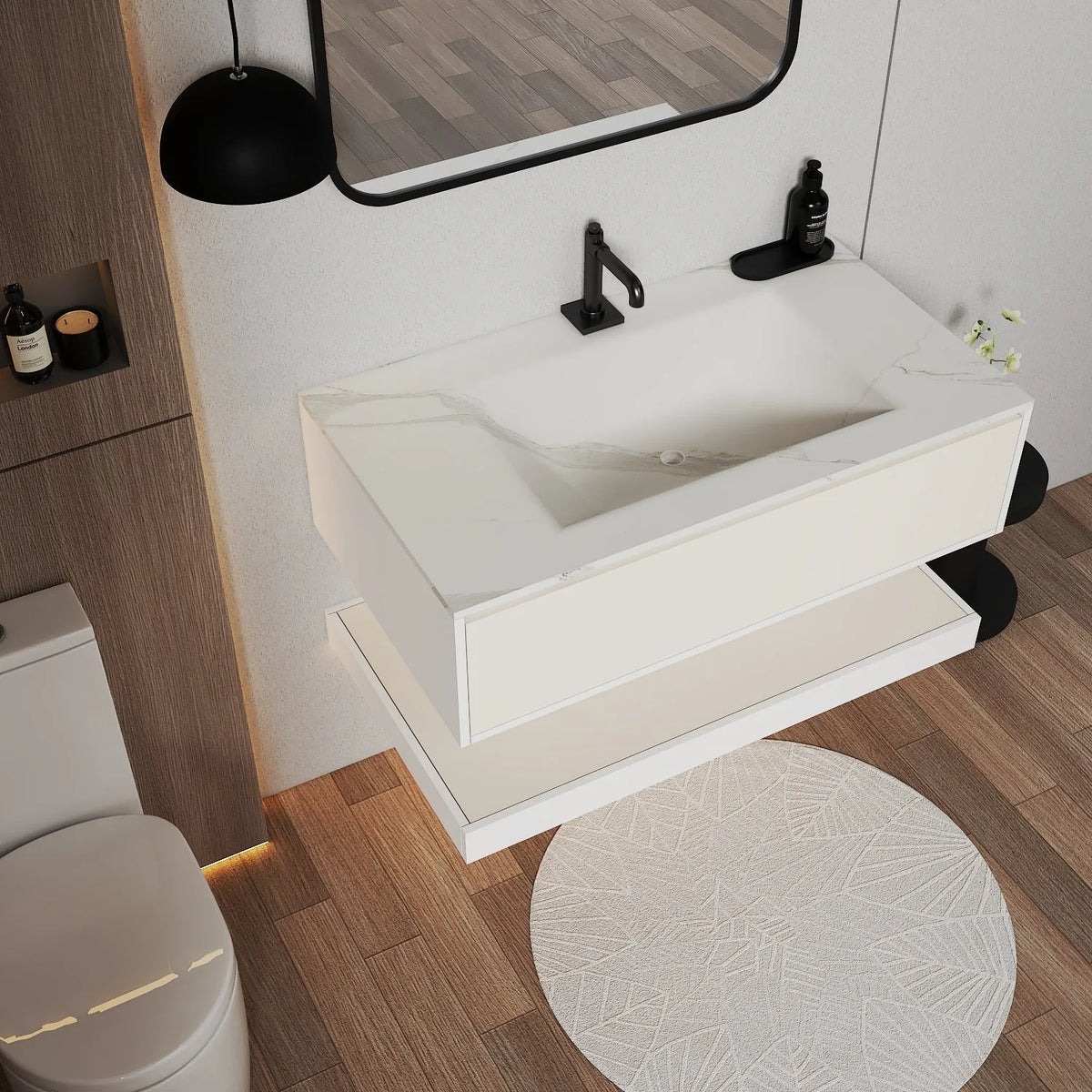 Aventino 32-36-40-inch flat-front floating single-sink vanity detail