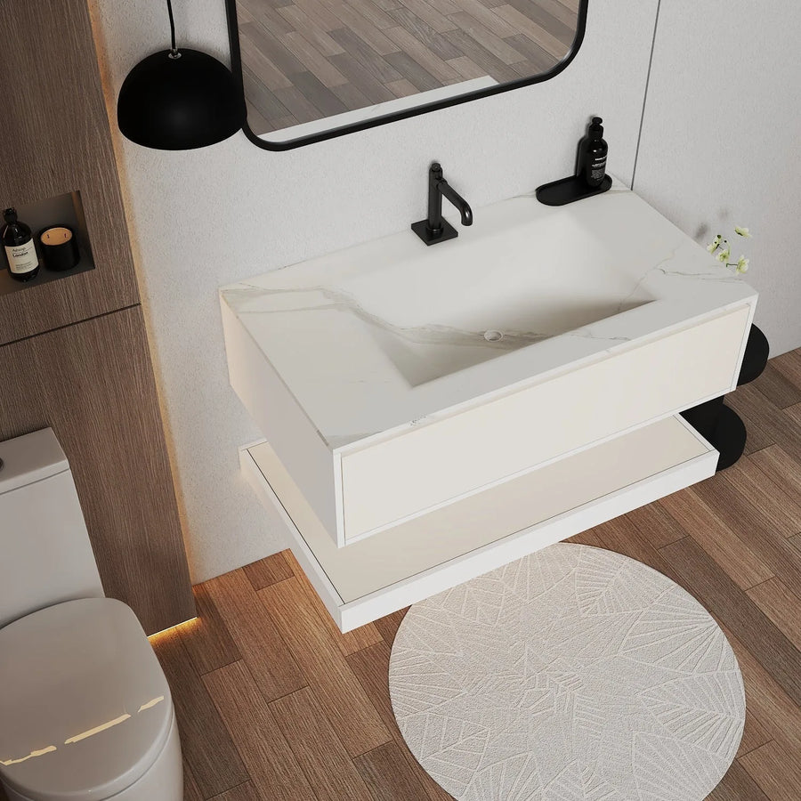 Aventino 32-36-40" Plywood Shelf Floating Single-Sink Vanity with Sintered Stone Top