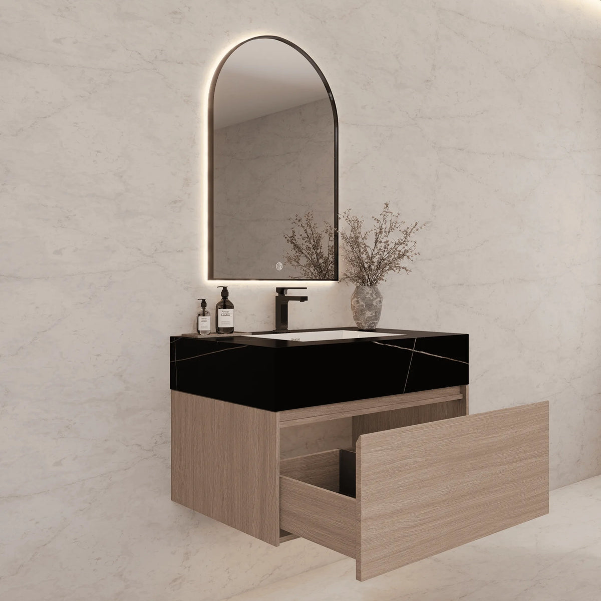 Aventino 32-40-inch black marquina gold veins fluted floating single-sink vanity — sintered stone top