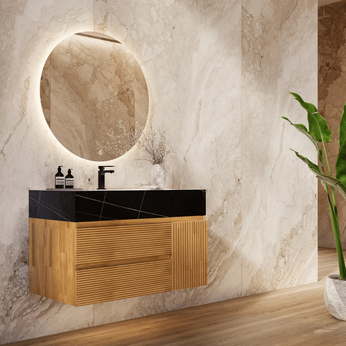 Aventino 32-40-inch black marquina gold veins fluted floating single-sink vanity — sintered stone top