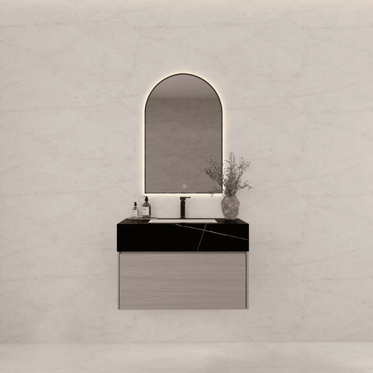 Aventino 32-40-inch black marquina gold veins fluted floating single-sink vanity — sintered stone top