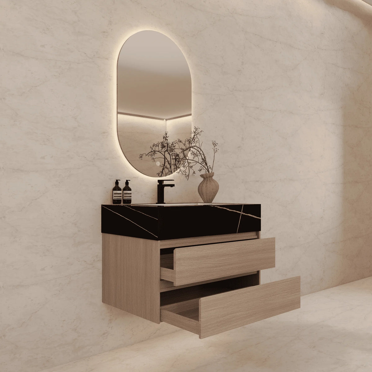 Aventino 32-40-inch black marquina gold veins fluted floating single-sink vanity — sintered stone top