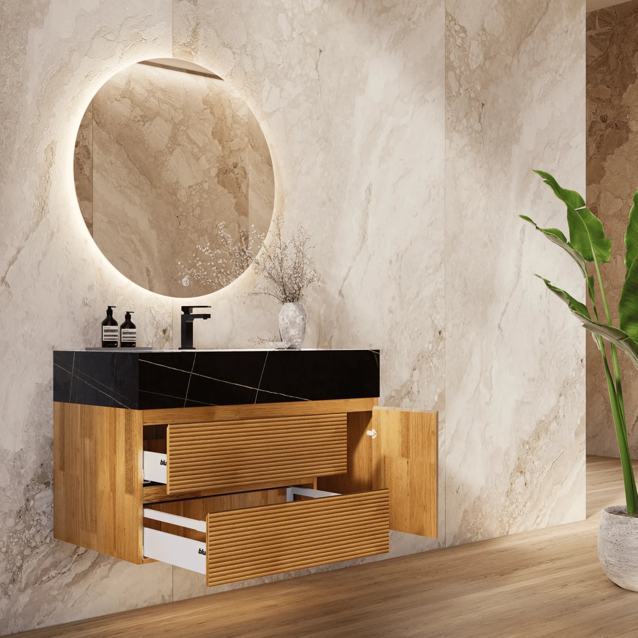 Aventino 32"/40" Oak Fluted Floating Single-Sink Vanity with Sintered Stone Top