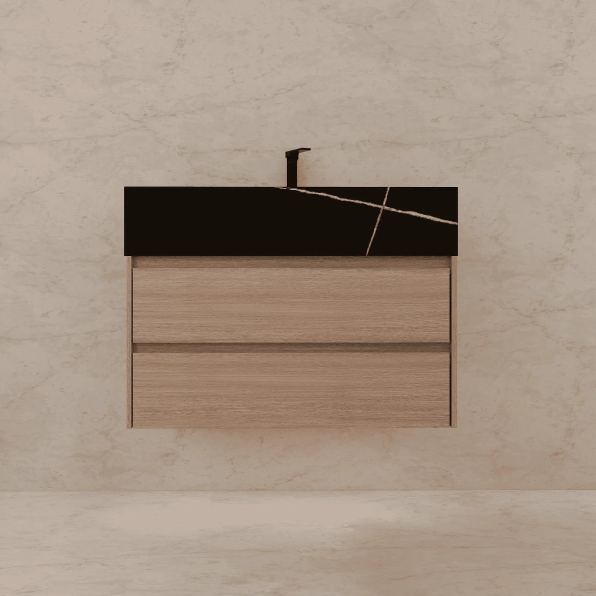 Aventino 32-40-inch black marquina gold veins fluted floating single-sink vanity — sintered stone top