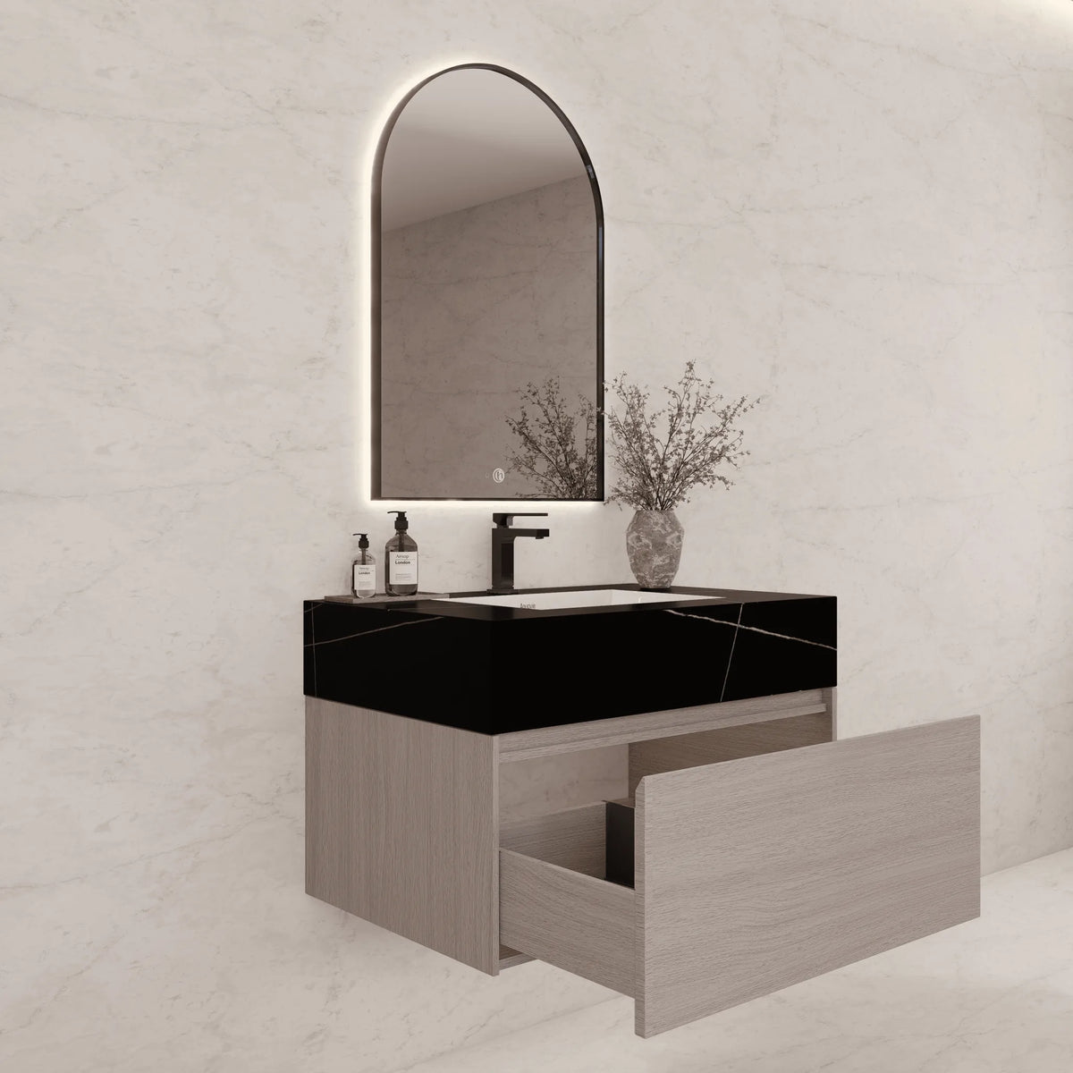 Aventino 32-40-inch black marquina gold veins fluted floating single-sink vanity — sintered stone top