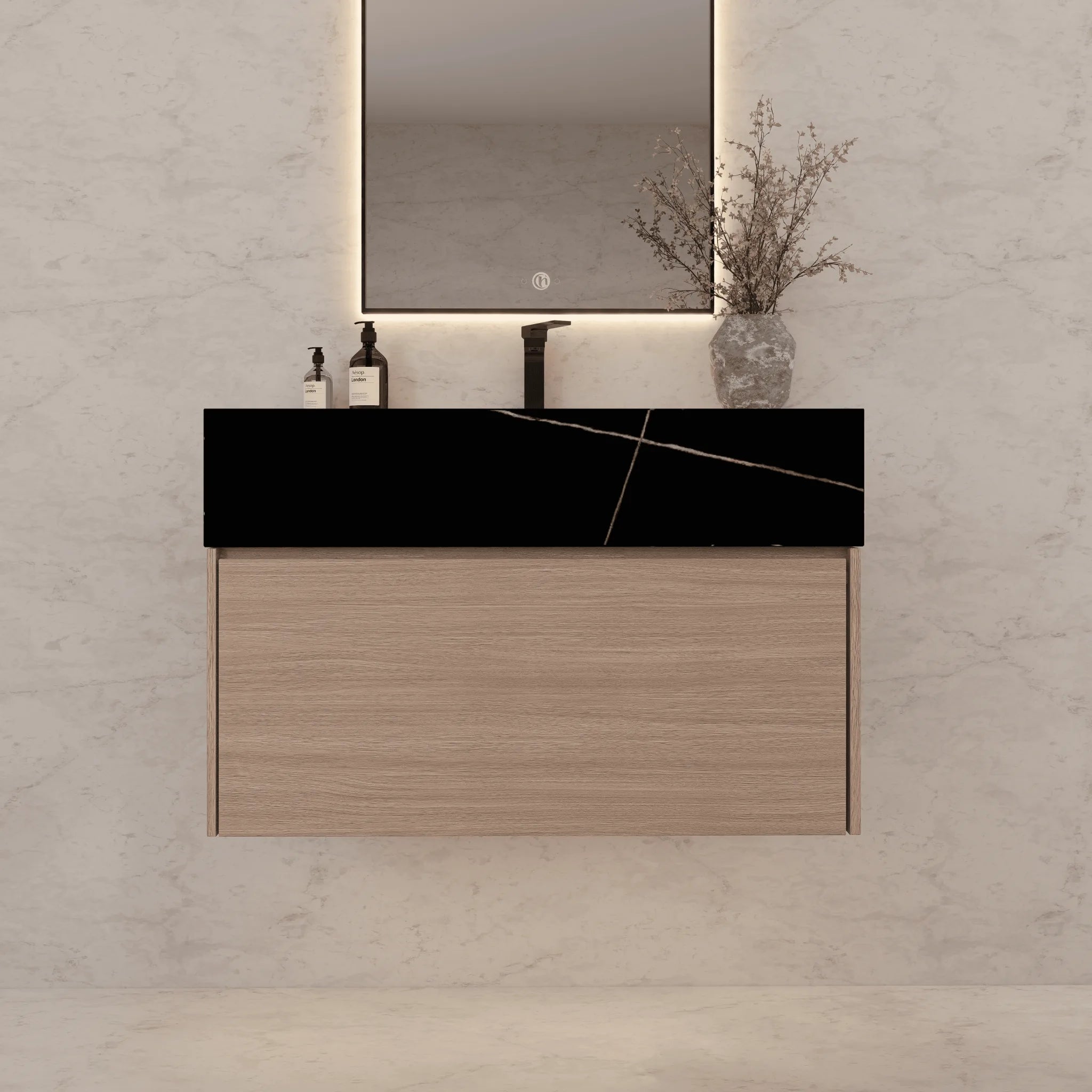 Aventino 32"/36"/40" Smoked Oak Fluted Floating Single-Sink Vanity with Sintered Stone Top