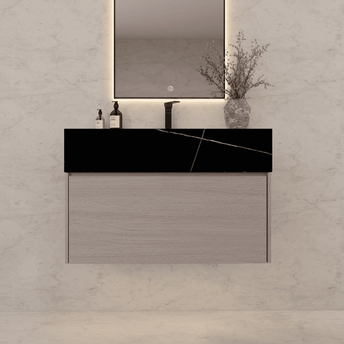 Aventino 32-40-inch black marquina gold veins fluted floating single-sink vanity — sintered stone top