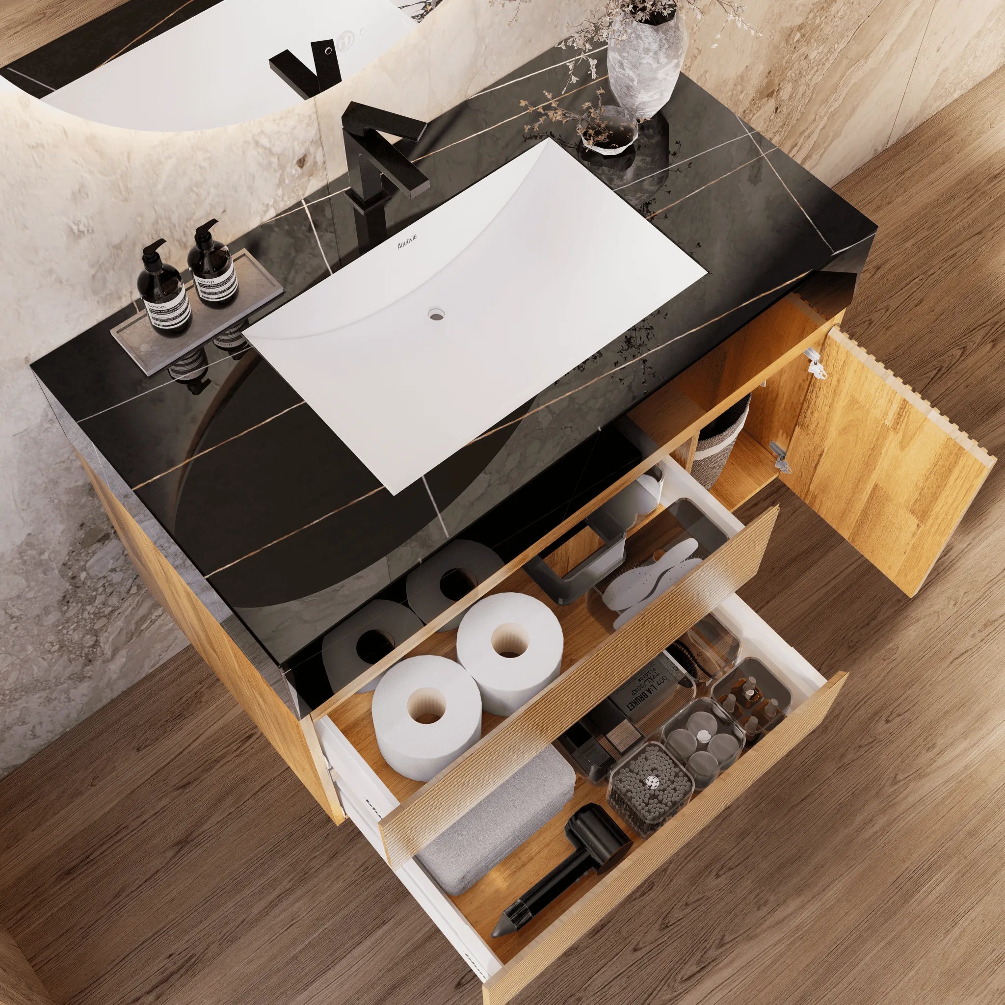 Aventino 32"/40" Oak Fluted Floating Single-Sink Vanity with Sintered Stone Top