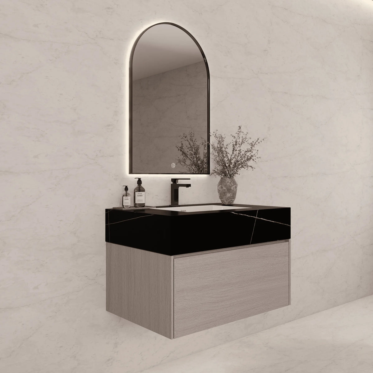 Aventino 32-40-inch black marquina gold veins fluted floating single-sink vanity — sintered stone top