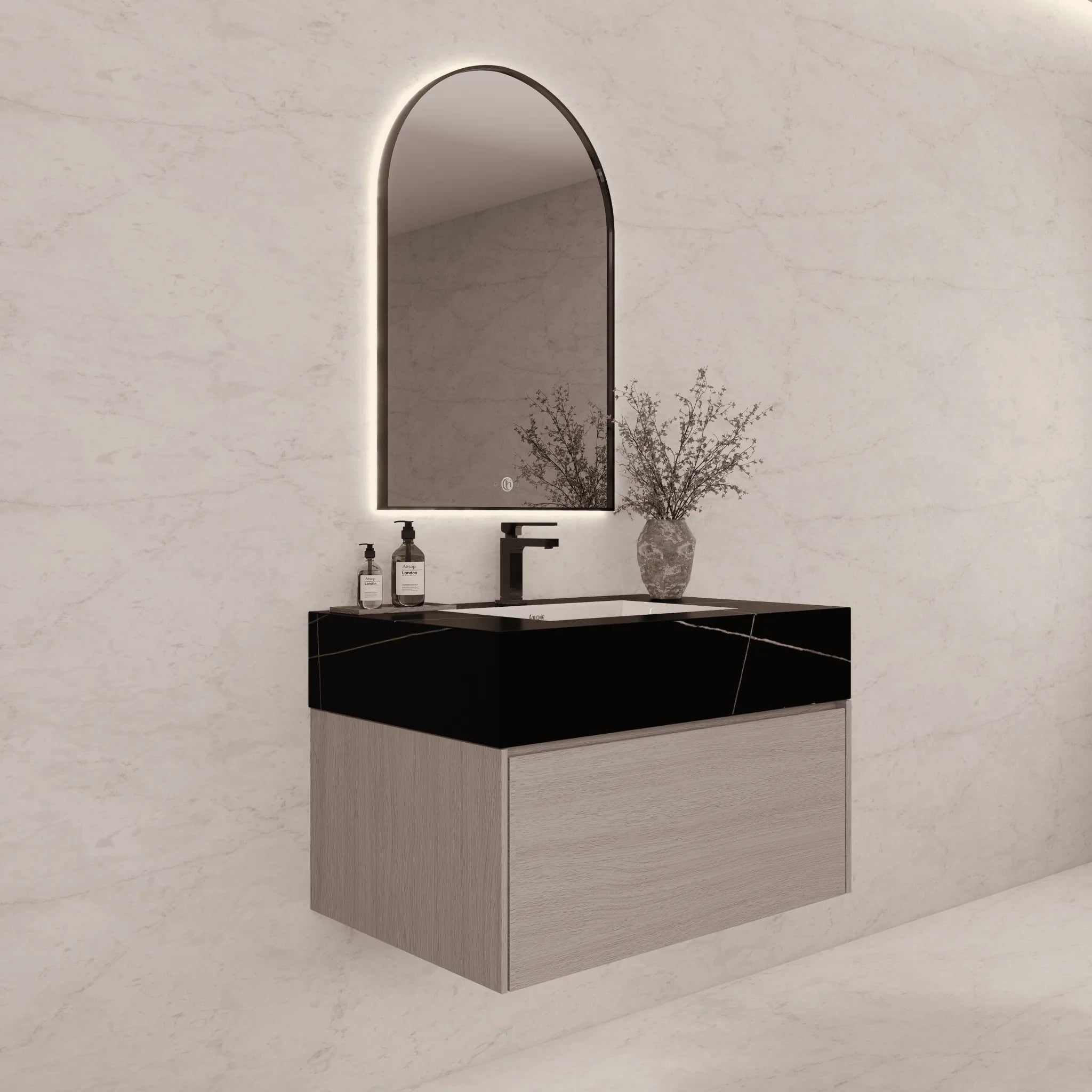 Aventino 32"/36"/40" White Grey Oak Fluted Floating Single-Sink Vanity with Sintered Stone Top