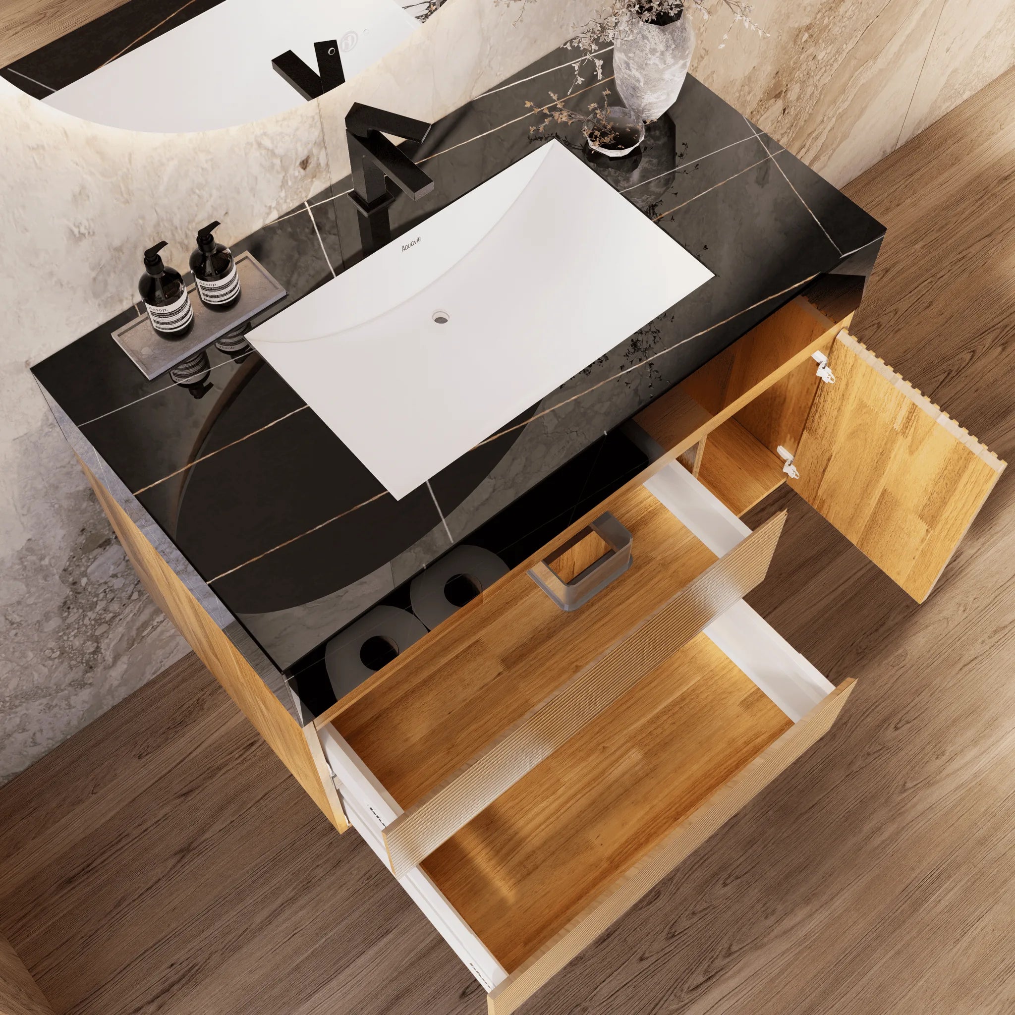 Aventino 32"/40" Oak Fluted Floating Single-Sink Vanity with Sintered Stone Top