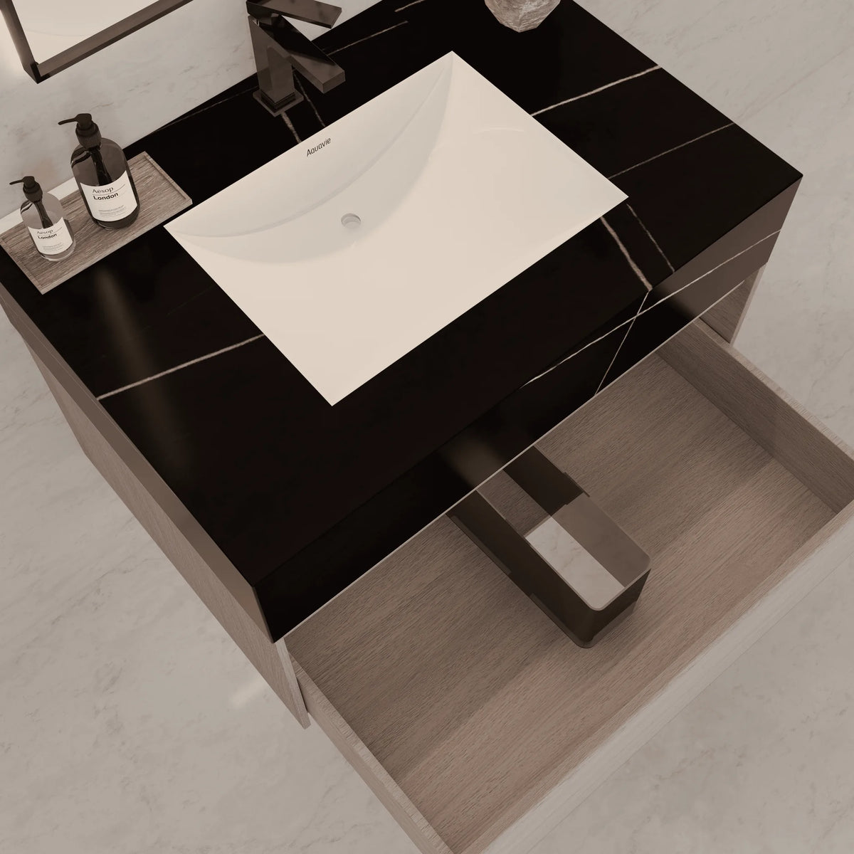 Aventino 32-40-inch black marquina gold veins fluted floating single-sink vanity — sintered stone top