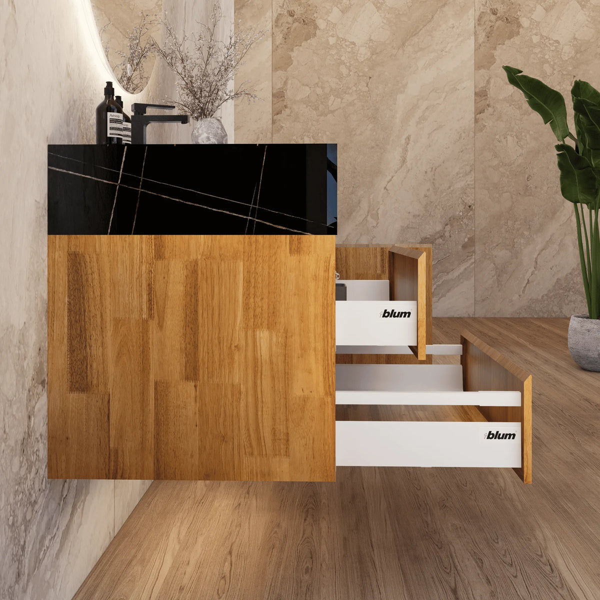 Aventino 32-40-inch black marquina gold veins fluted floating single-sink vanity — sintered stone top
