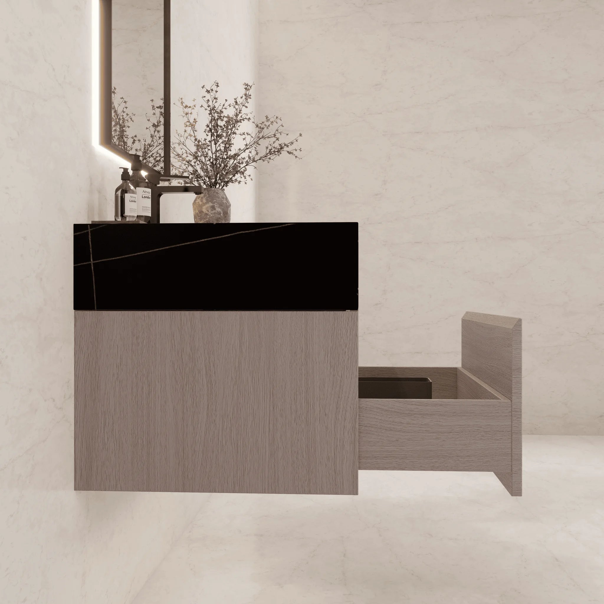 Aventino 32"/36"/40" White Grey Oak Fluted Floating Single-Sink Vanity with Sintered Stone Top
