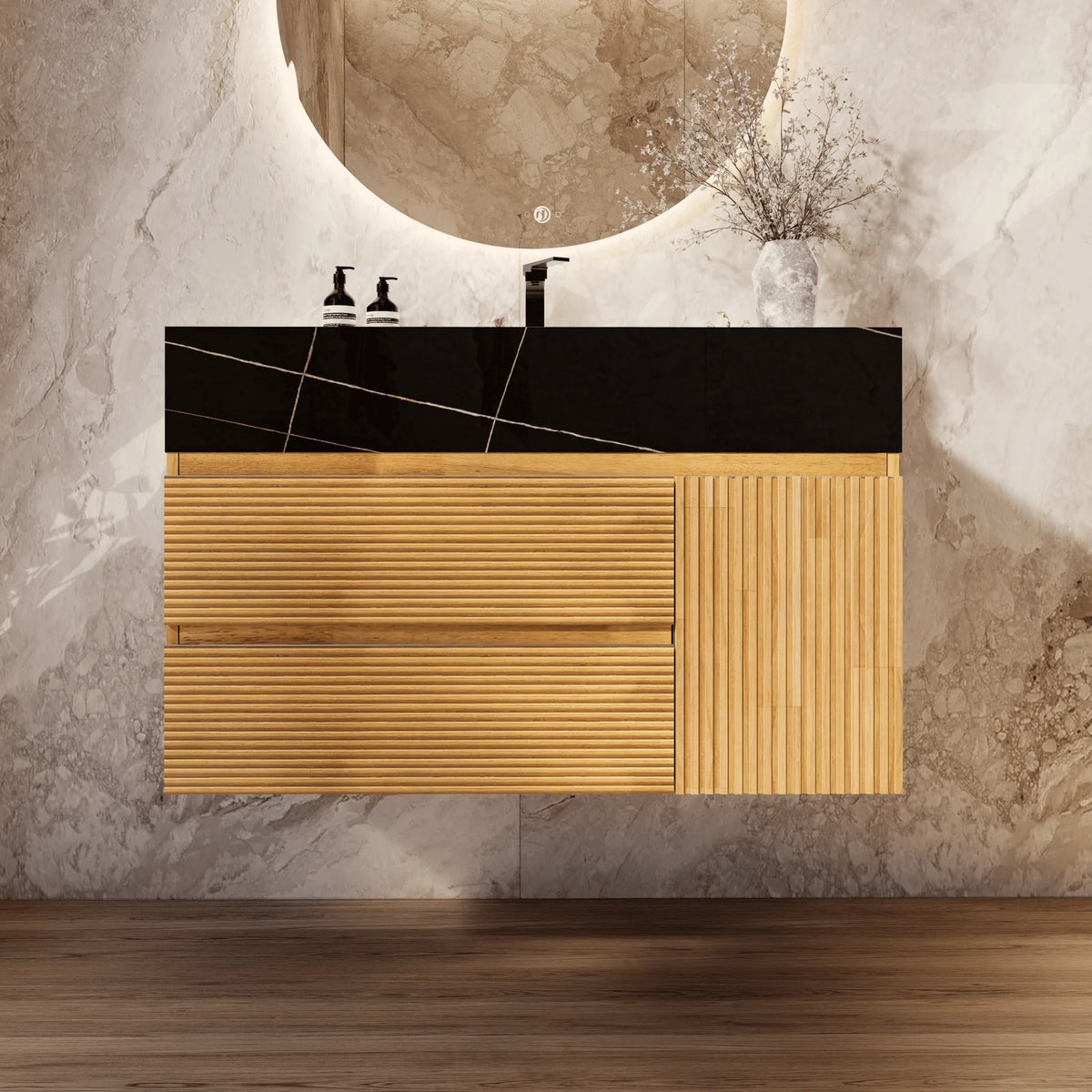 Aventino 32-40-inch black marquina gold veins fluted floating single-sink vanity — sintered stone top