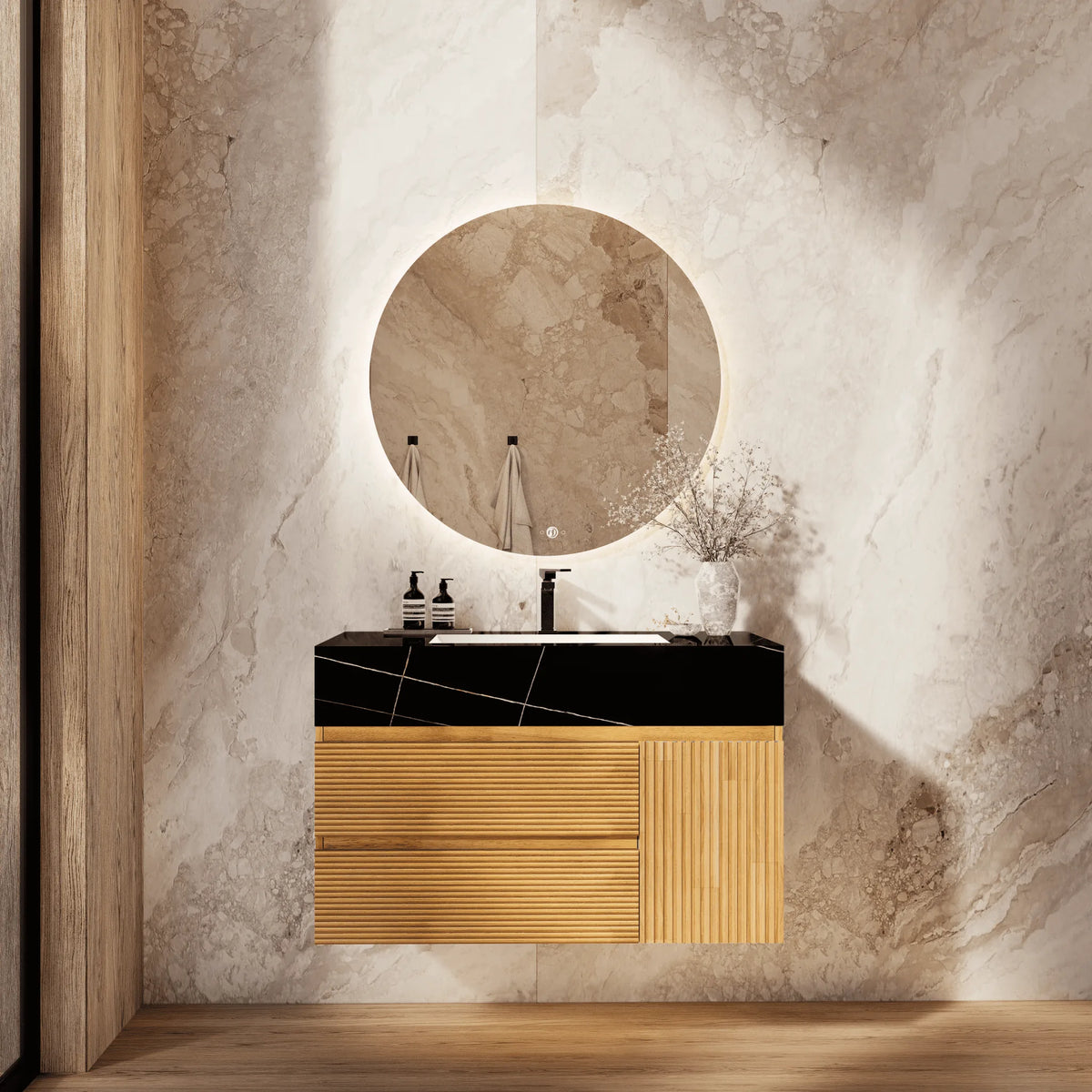 Aventino 32-40-inch black marquina gold veins fluted floating single-sink vanity — sintered stone top