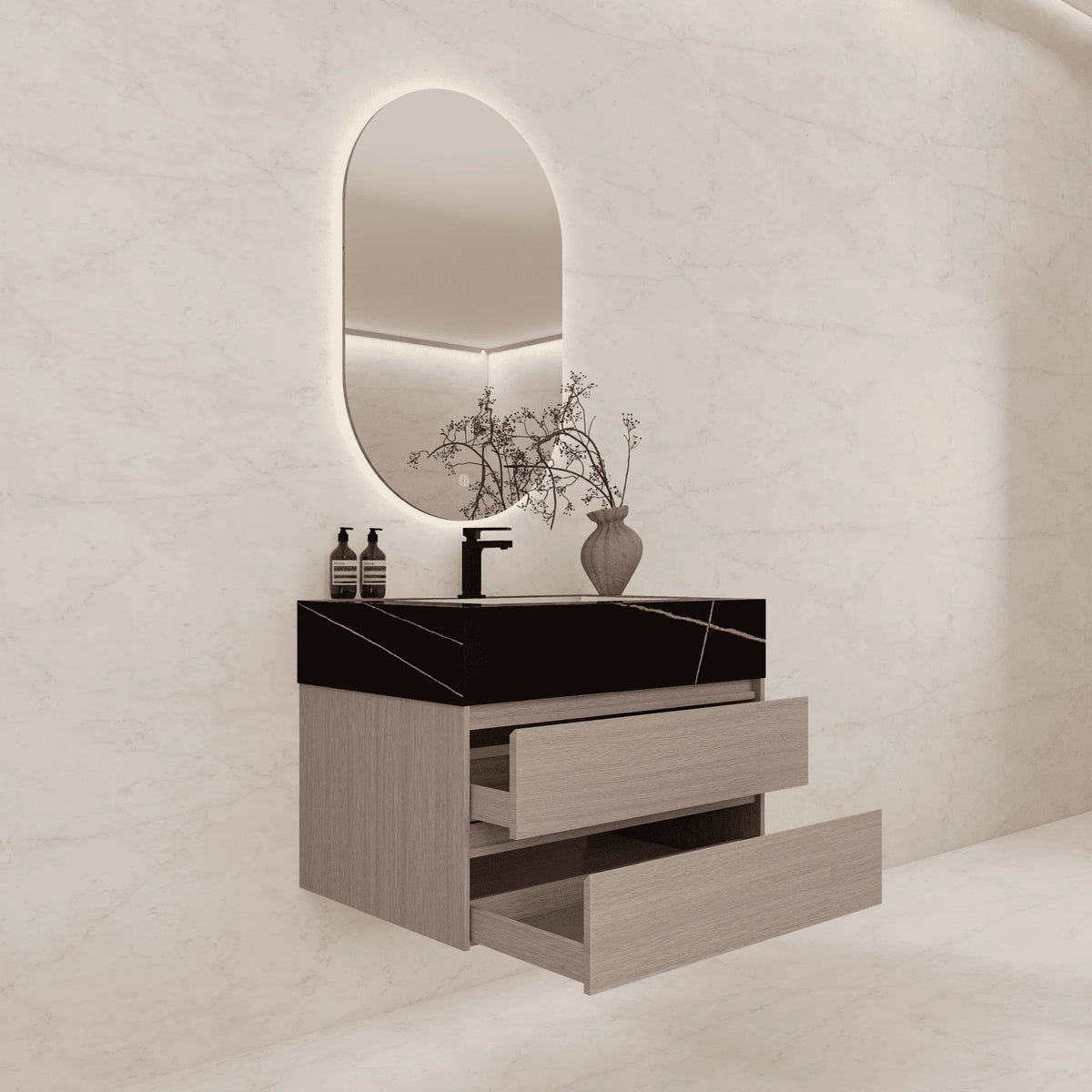 Aventino 32-40-inch black marquina gold veins fluted floating single-sink vanity — sintered stone top