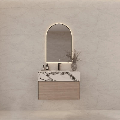 Aventino 32-40-inch calacatta black fluted floating single-sink vanity — sintered stone top