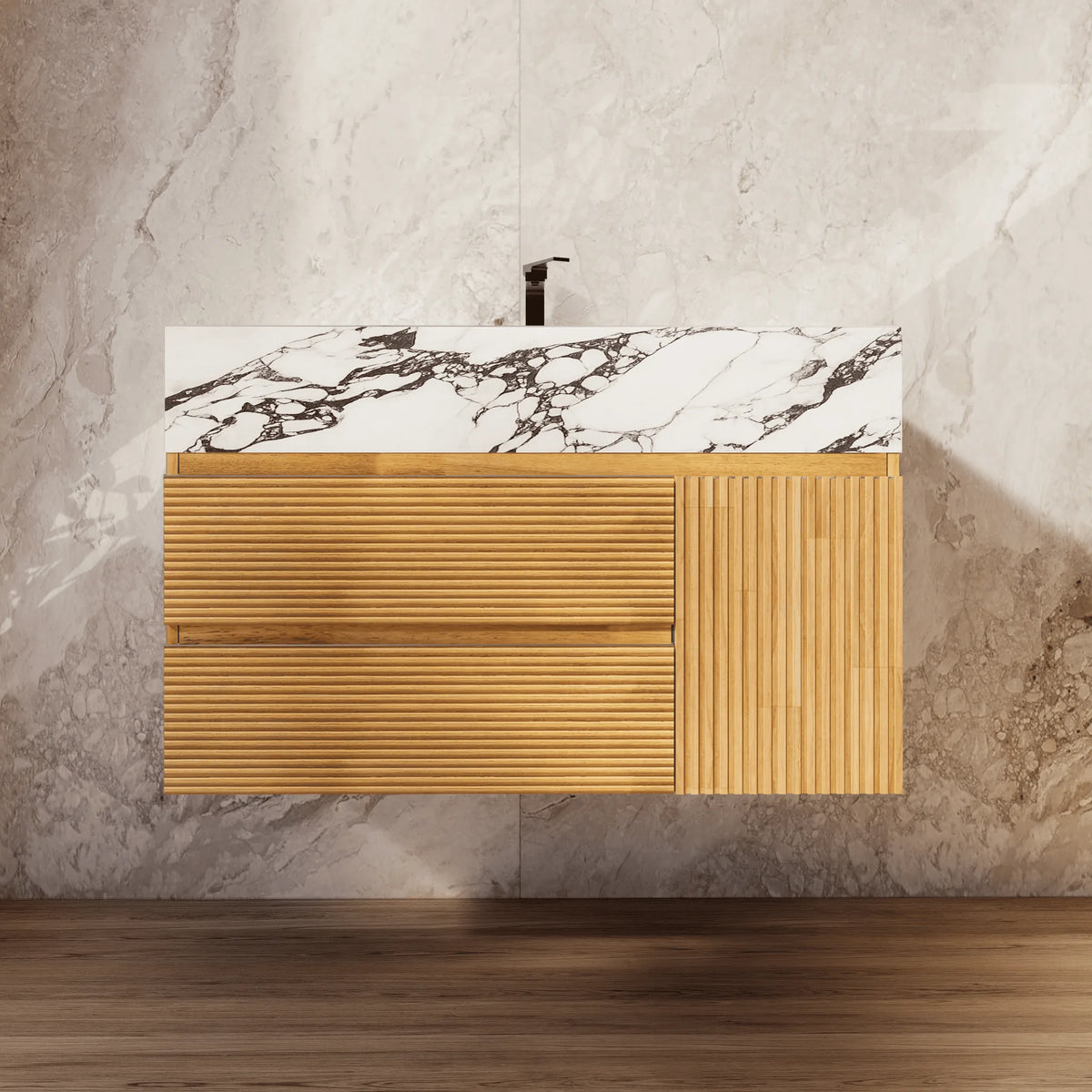 Aventino 32-40-inch calacatta black fluted floating single-sink vanity — sintered stone top