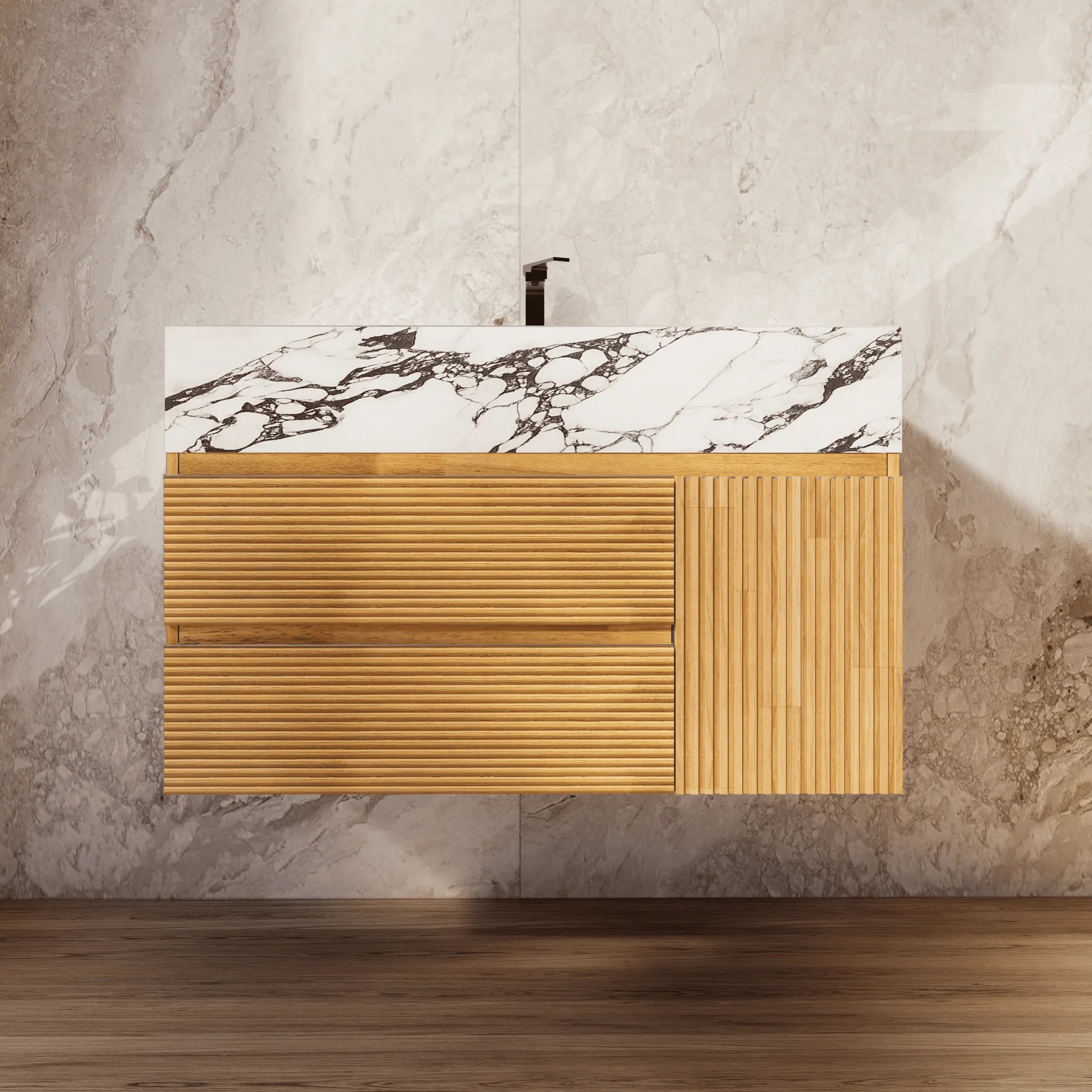 Aventino 32"/40" Oak Fluted Floating Single-Sink Vanity with Sintered Stone Top