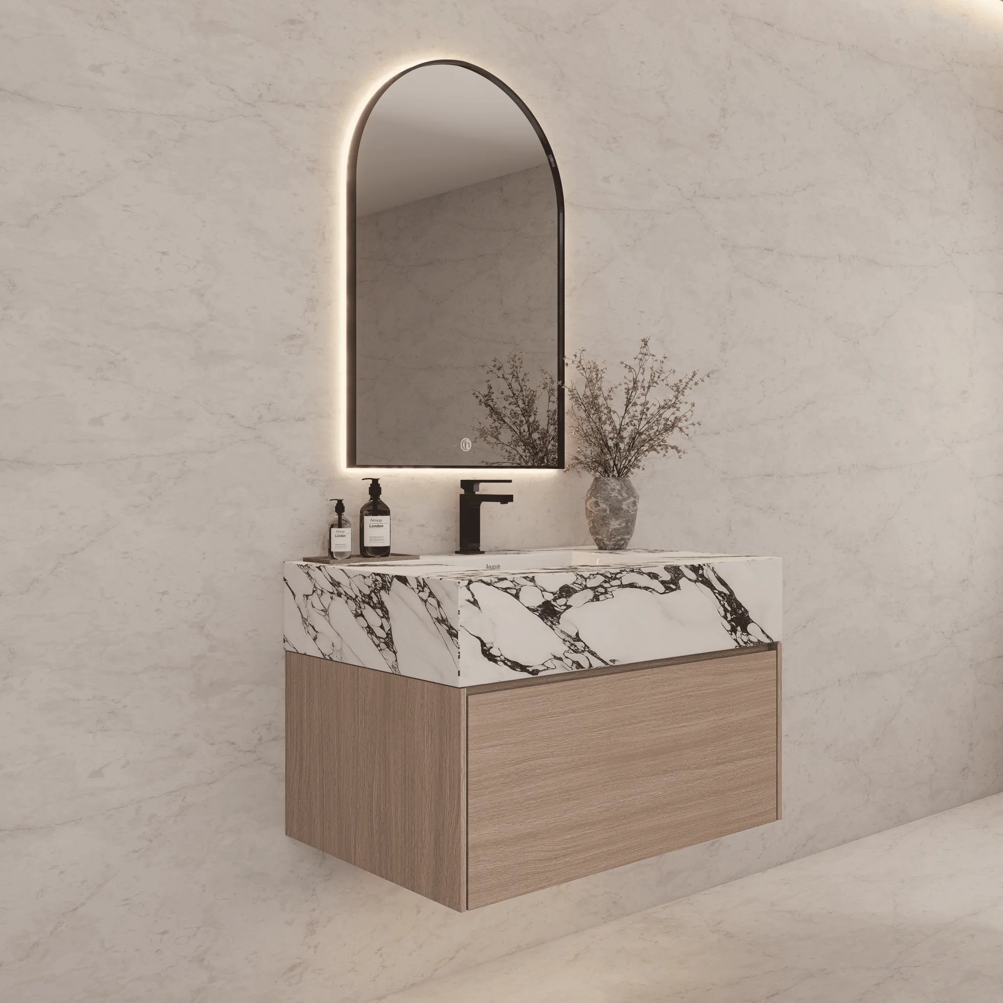 Aventino 32"/36"/40" Smoked Oak Fluted Floating Single-Sink Vanity with Sintered Stone Top