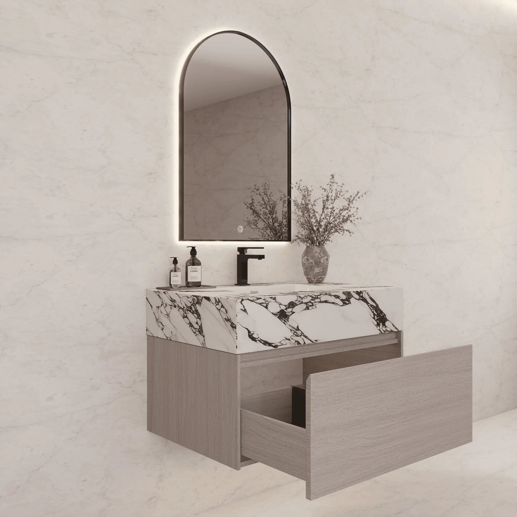 Aventino 32"/36"/40" White Grey Oak Fluted Floating Single-Sink Vanity with Sintered Stone Top