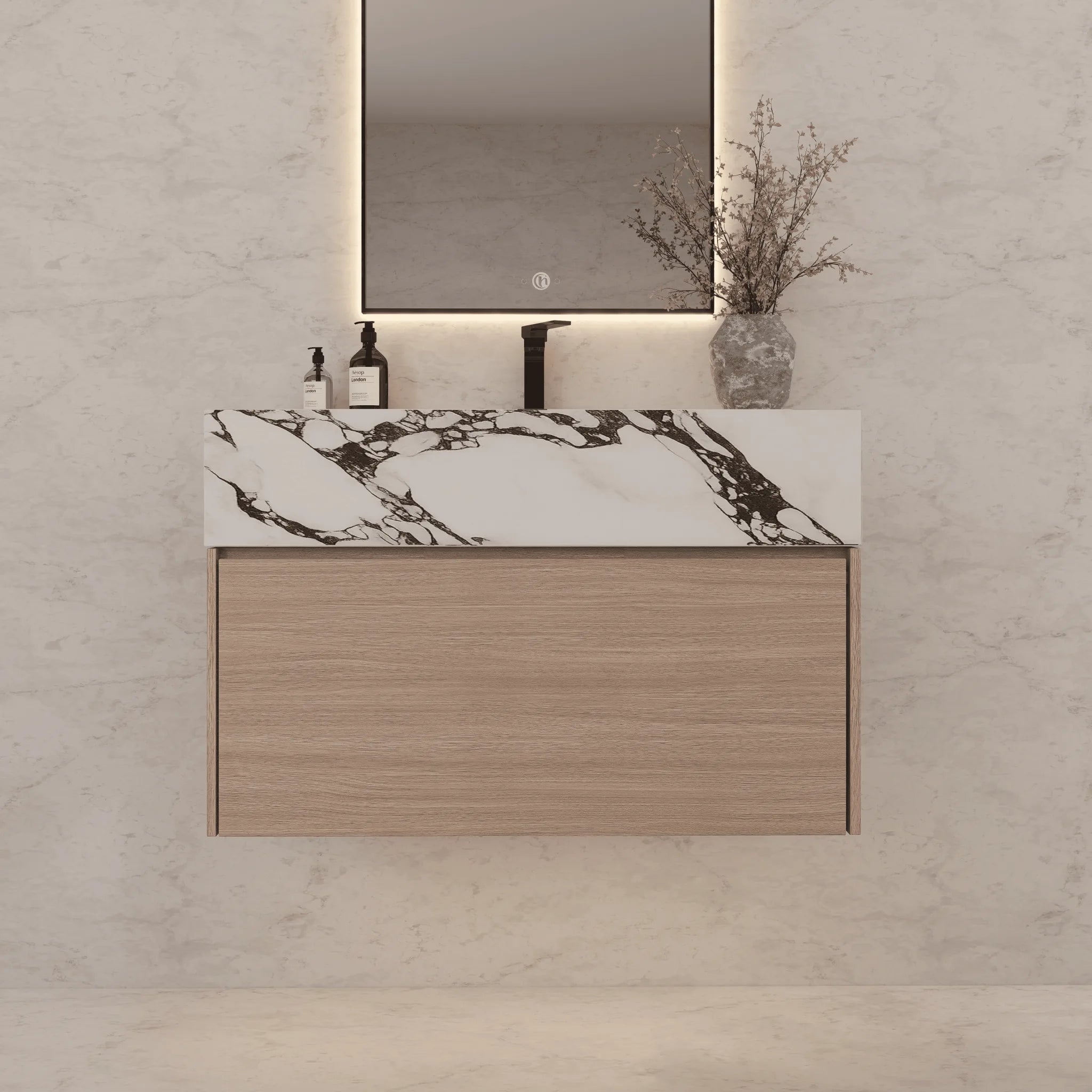 Aventino 32"/36"/40" Smoked Oak Fluted Floating Single-Sink Vanity with Sintered Stone Top