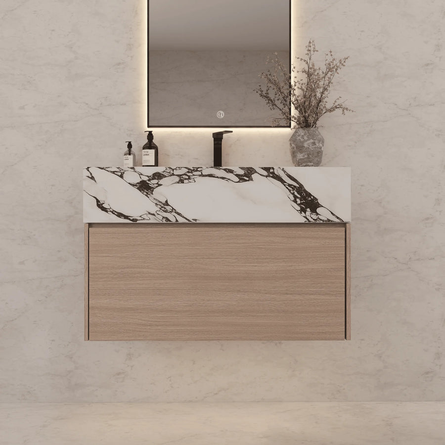 Aventino vanity with drawers open — Blum TandemBox soft-close slides