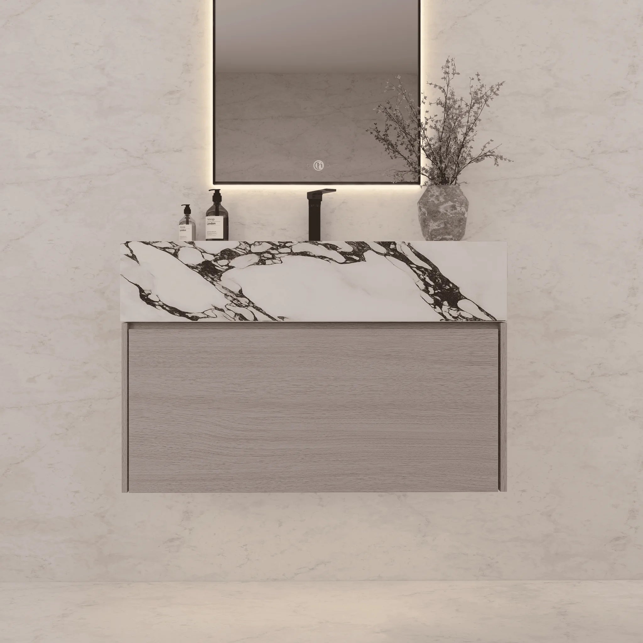 Aventino 32"/36"/40" White Grey Oak Fluted Floating Single-Sink Vanity with Sintered Stone Top