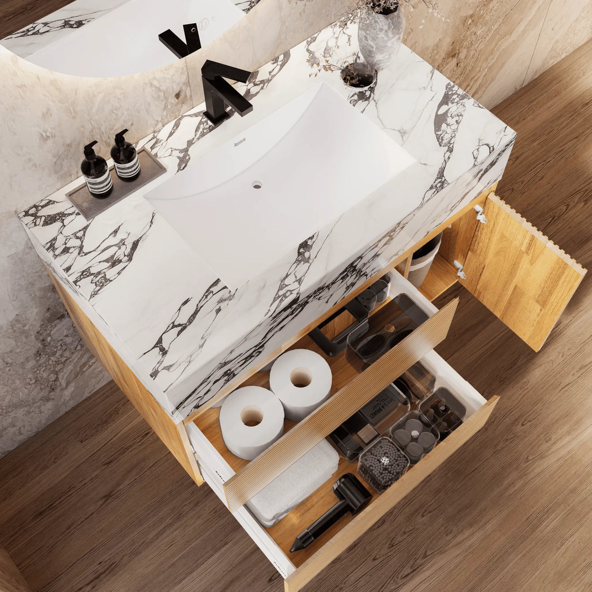 Aventino 32-40-inch calacatta black fluted floating single-sink vanity — sintered stone top