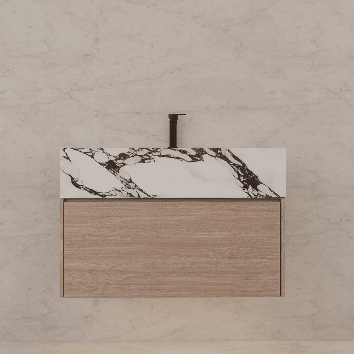 Aventino 32-40-inch calacatta black fluted floating single-sink vanity — sintered stone top