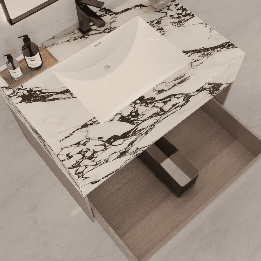 Aventino wall-mounted vanity — side profile showing floor clearance