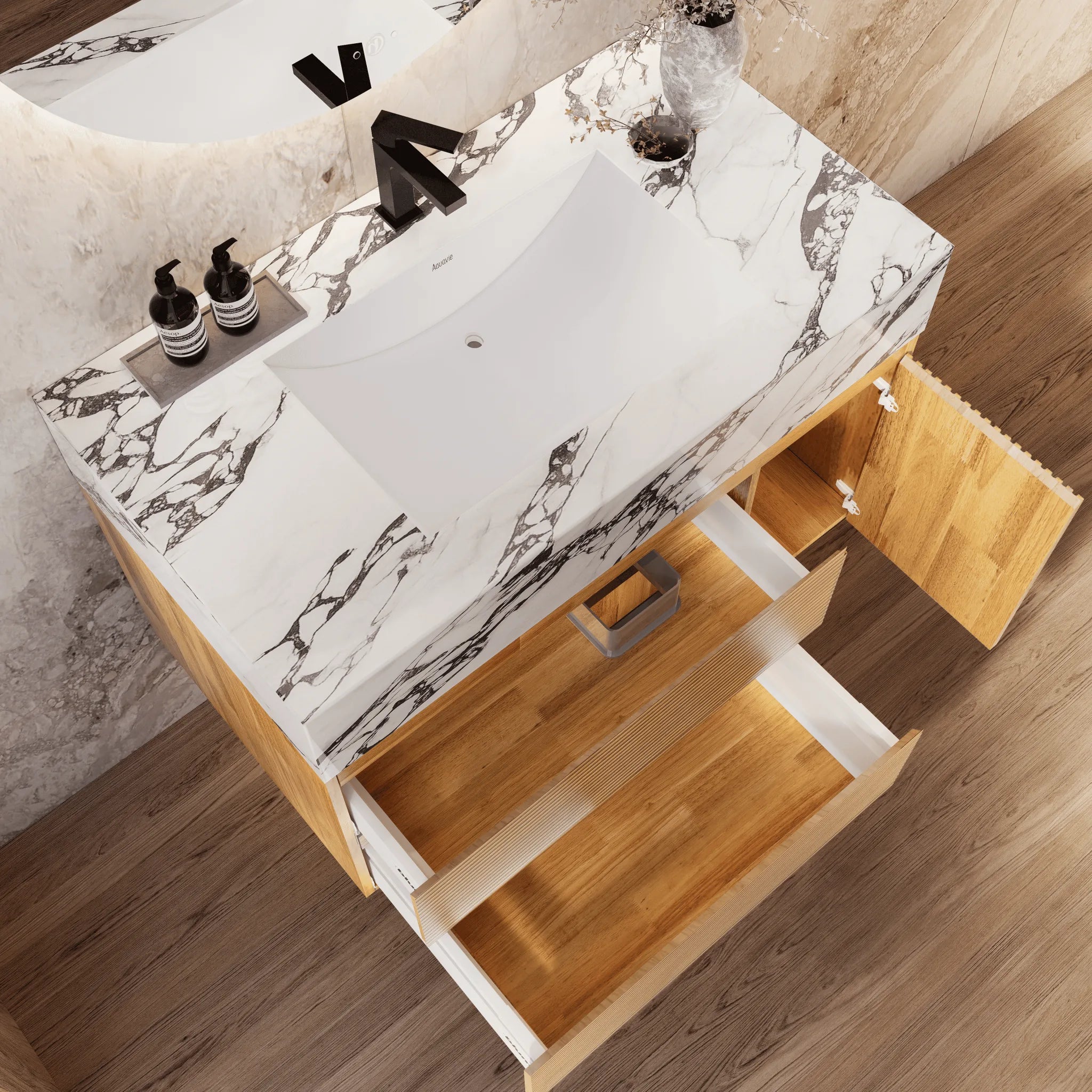 Aventino 32"/40" Oak Fluted Floating Single-Sink Vanity with Sintered Stone Top