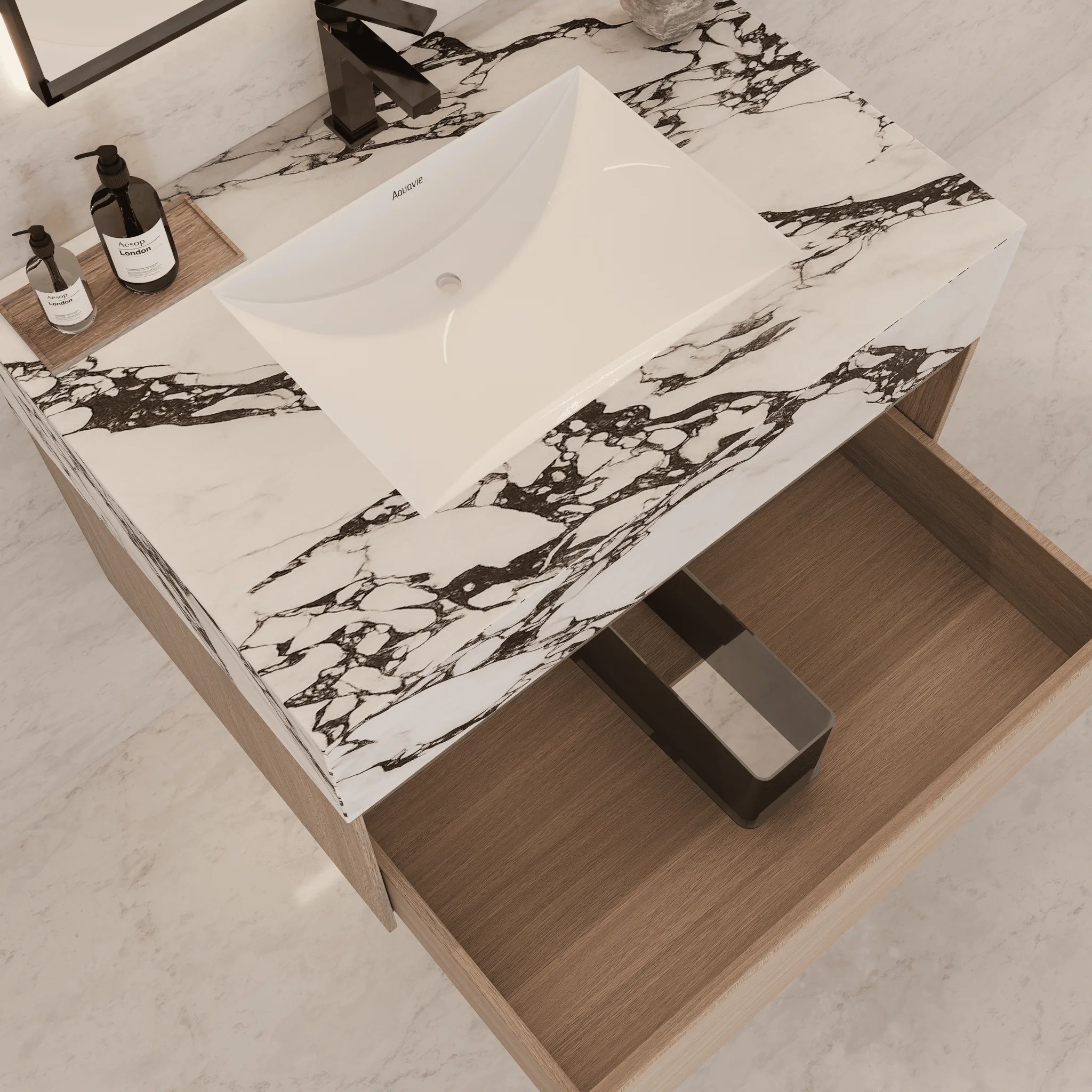 Aventino 32"/36"/40" Smoked Oak Fluted Floating Single-Sink Vanity with Sintered Stone Top