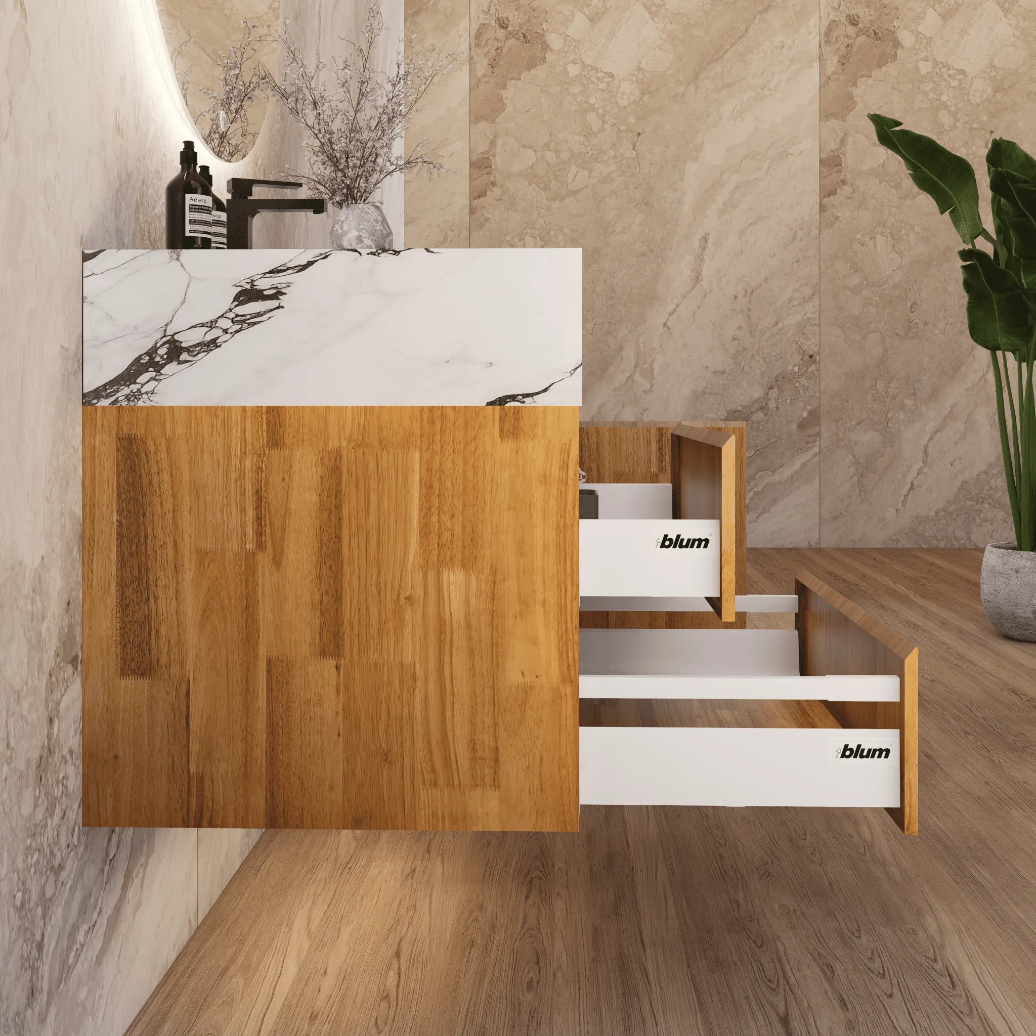 Aventino 32"/40" Oak Fluted Floating Single-Sink Vanity with Sintered Stone Top