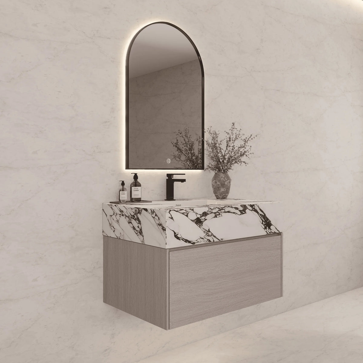 Aventino 32-40-inch calacatta black fluted floating single-sink vanity — sintered stone top