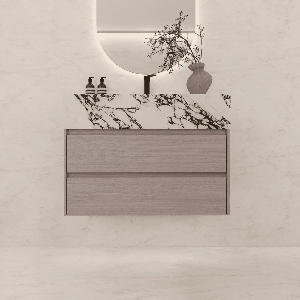 Aventino 32-40-inch calacatta black fluted floating single-sink vanity — sintered stone top
