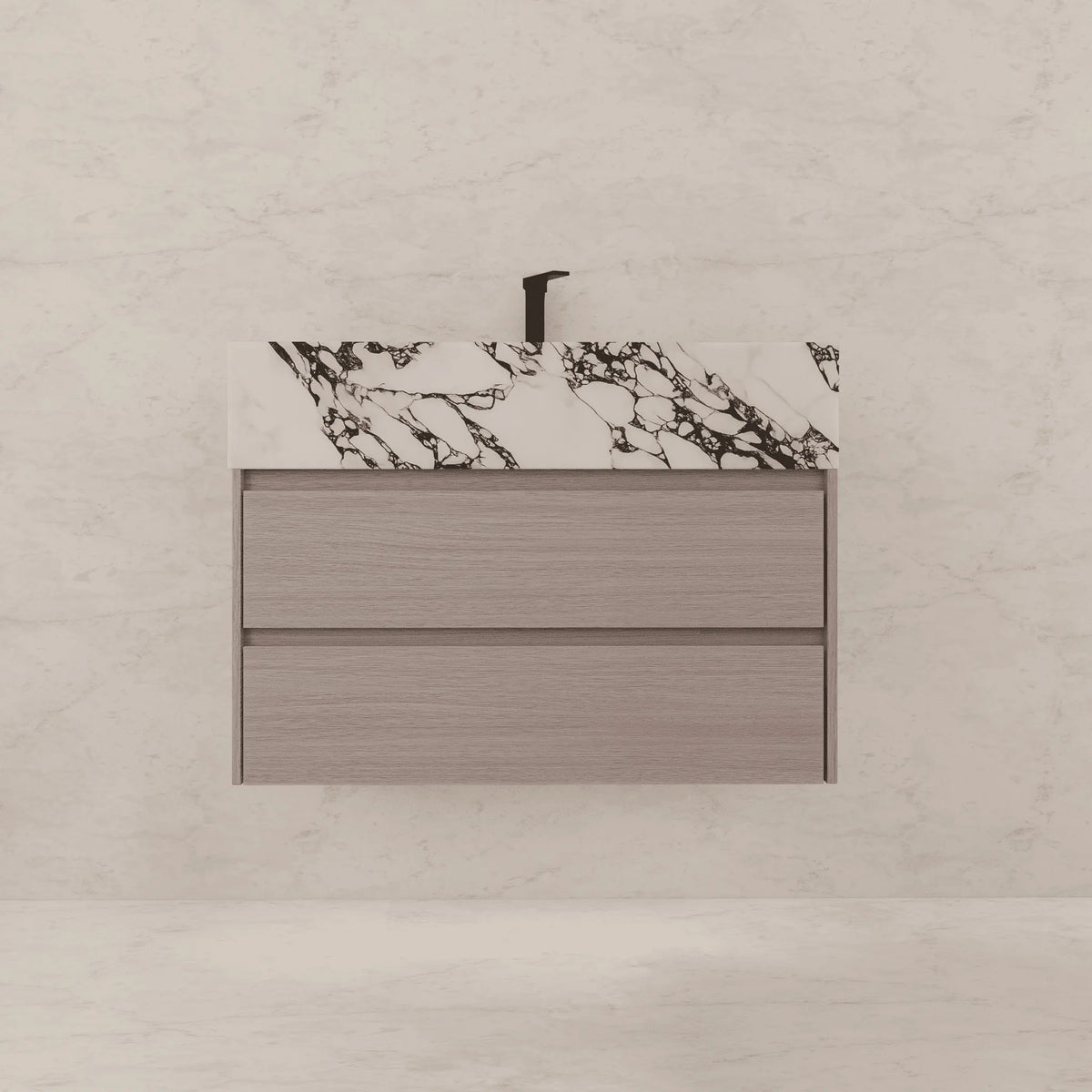 Aventino 32-40-inch calacatta black fluted floating single-sink vanity — sintered stone top