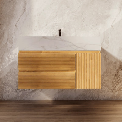 Aventino 32-40-inch calacatta gold fluted floating single-sink vanity — sintered stone top