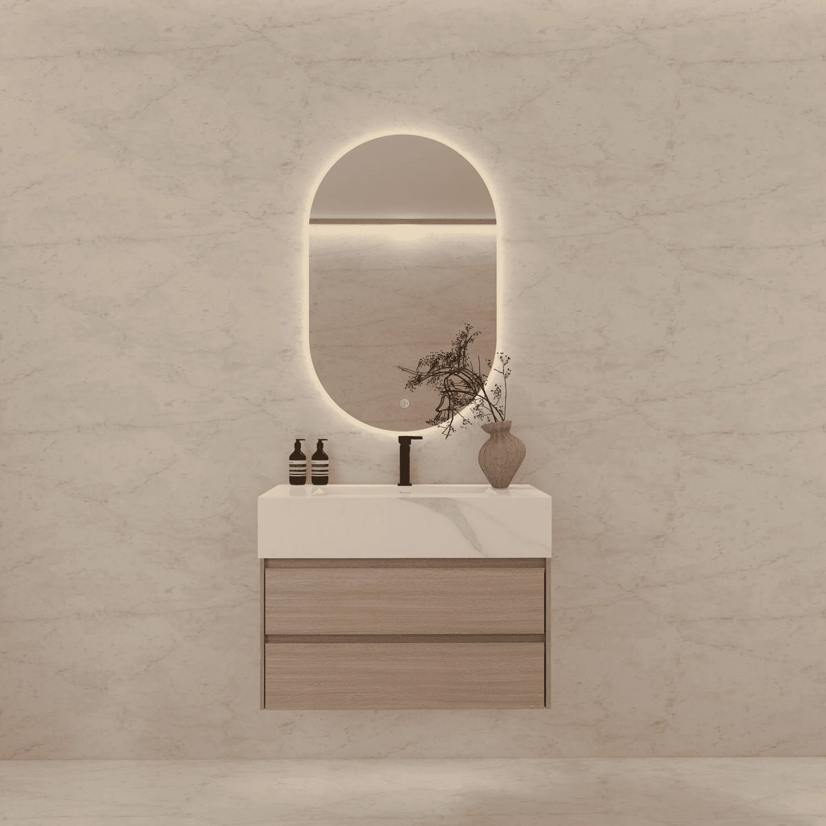 Aventino 32-40-inch calacatta gold fluted floating single-sink vanity — sintered stone top