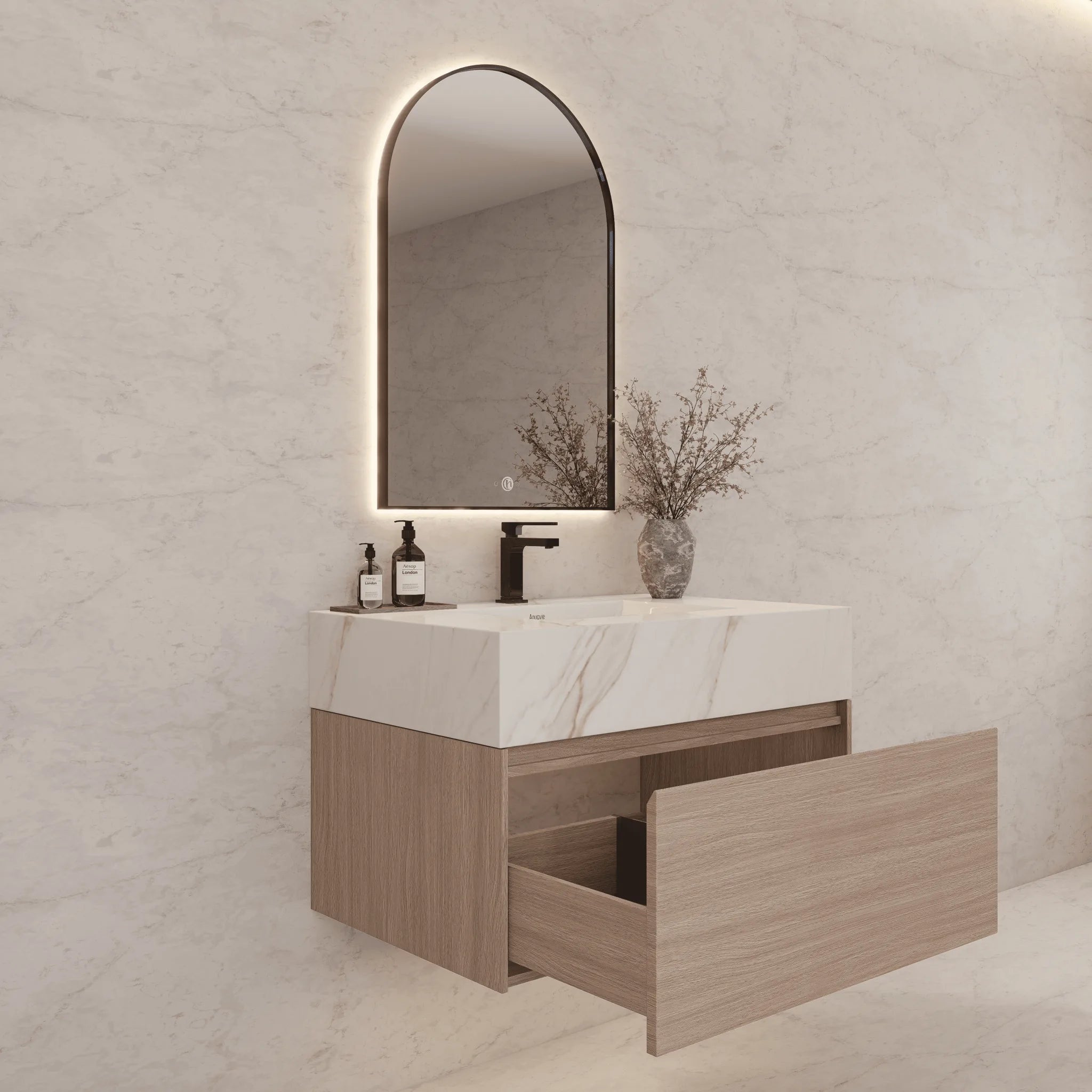 Aventino 32"/36"/40" Smoked Oak Fluted Floating Single-Sink Vanity with Sintered Stone Top