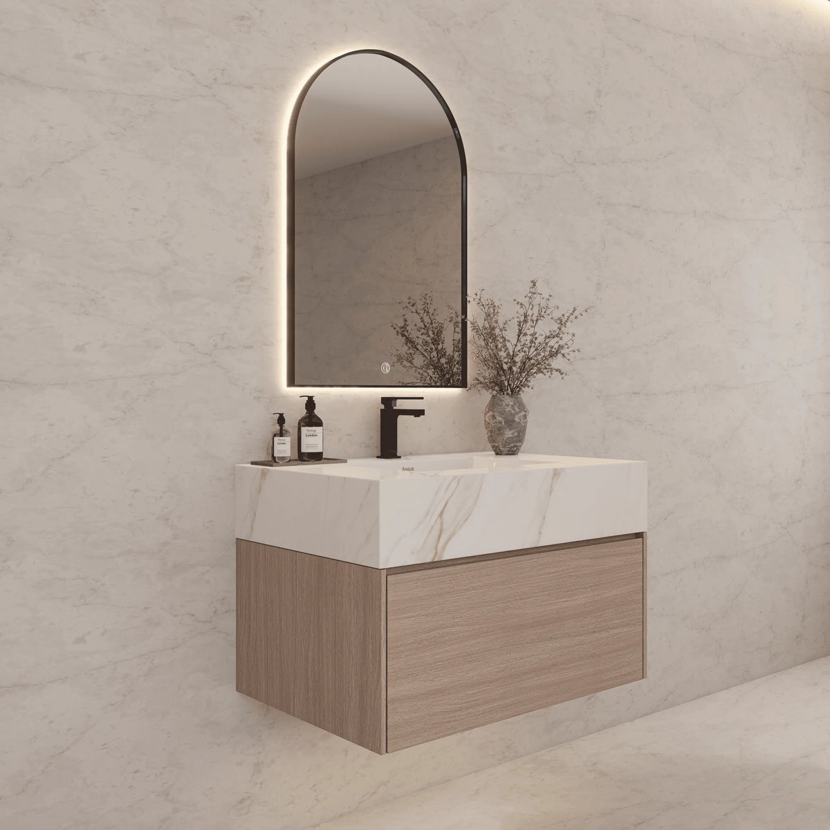 Aventino 32-40-inch calacatta gold fluted floating single-sink vanity — sintered stone top