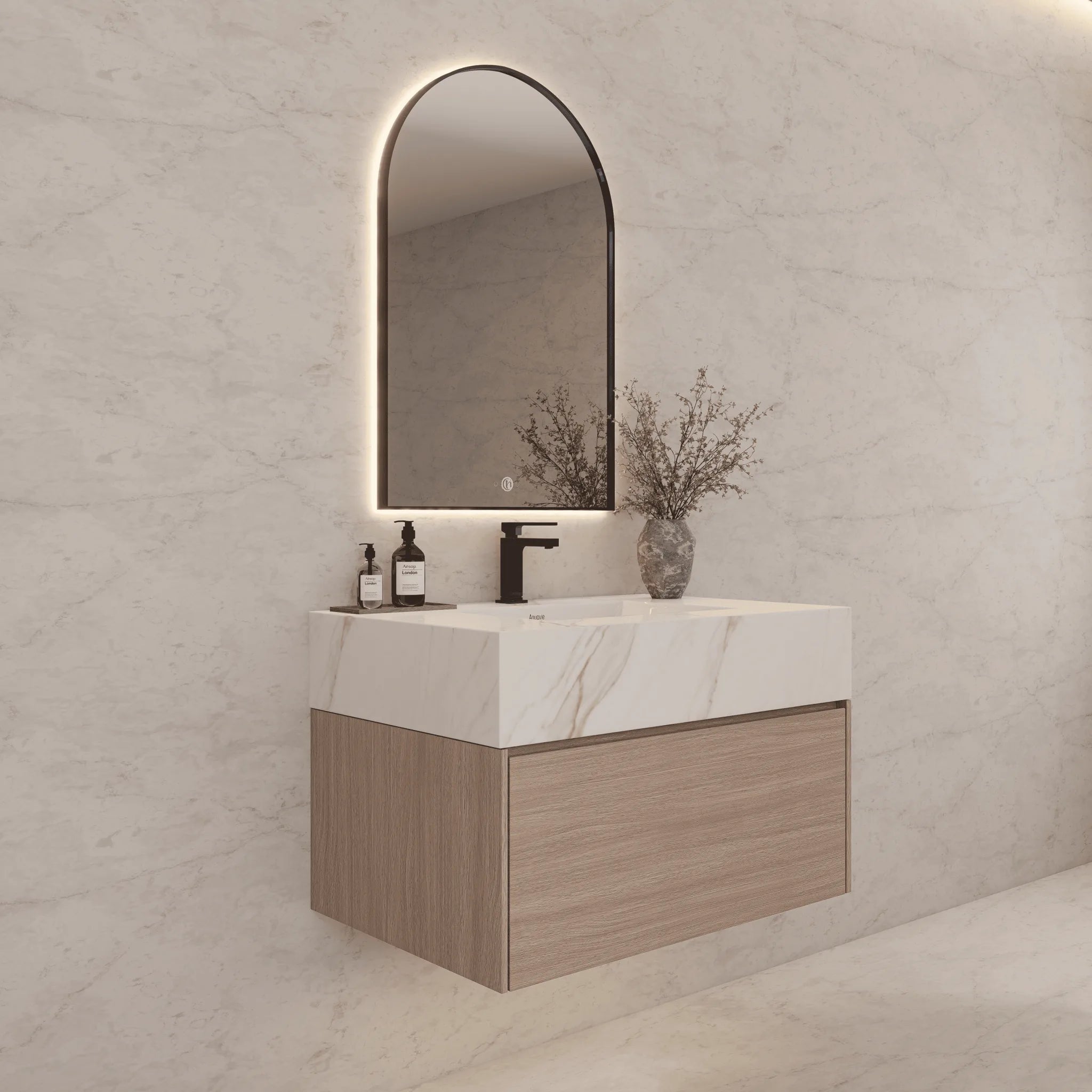 Aventino 32"/36"/40" Smoked Oak Fluted Floating Single-Sink Vanity with Sintered Stone Top