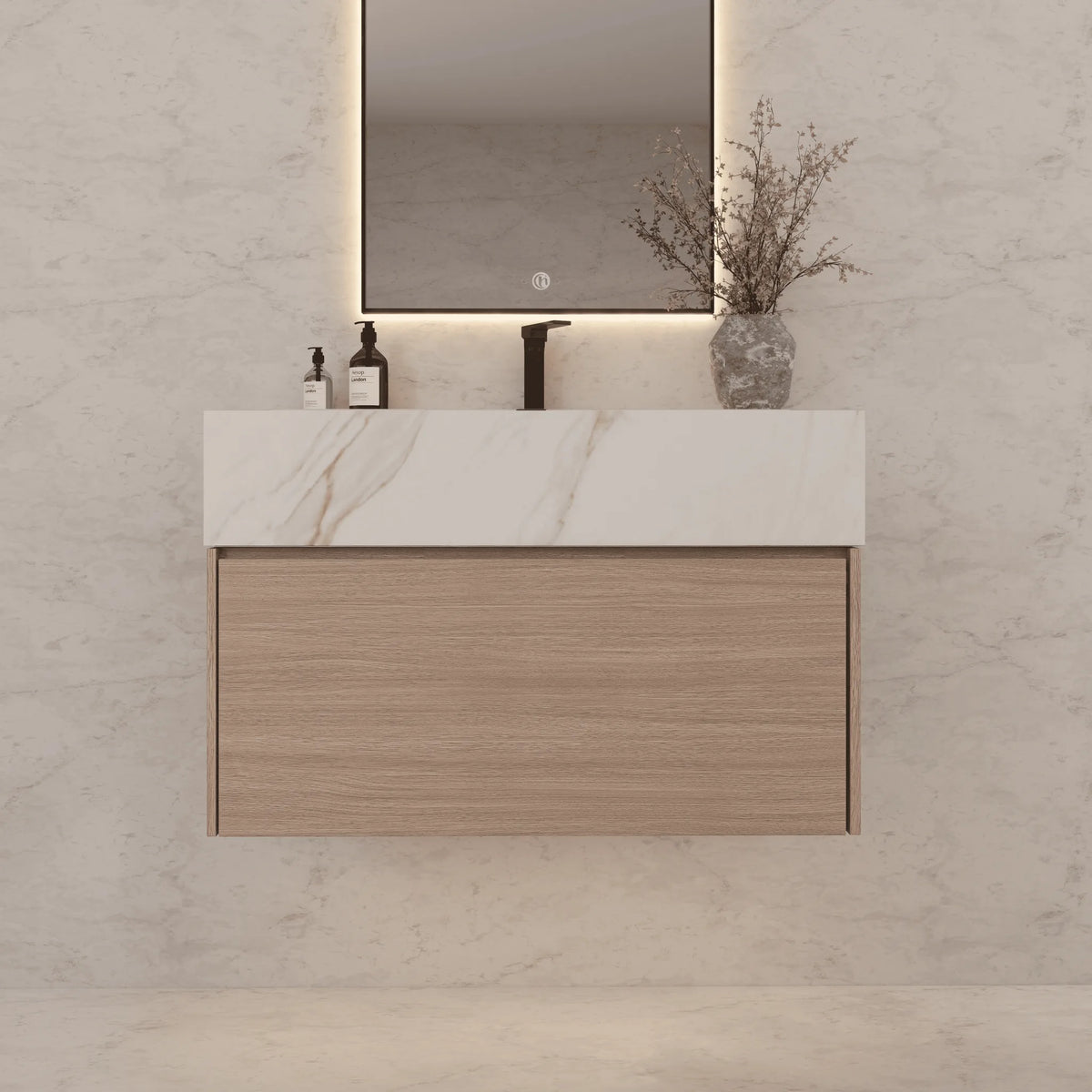 Aventino 32-40-inch calacatta gold fluted floating single-sink vanity — sintered stone top