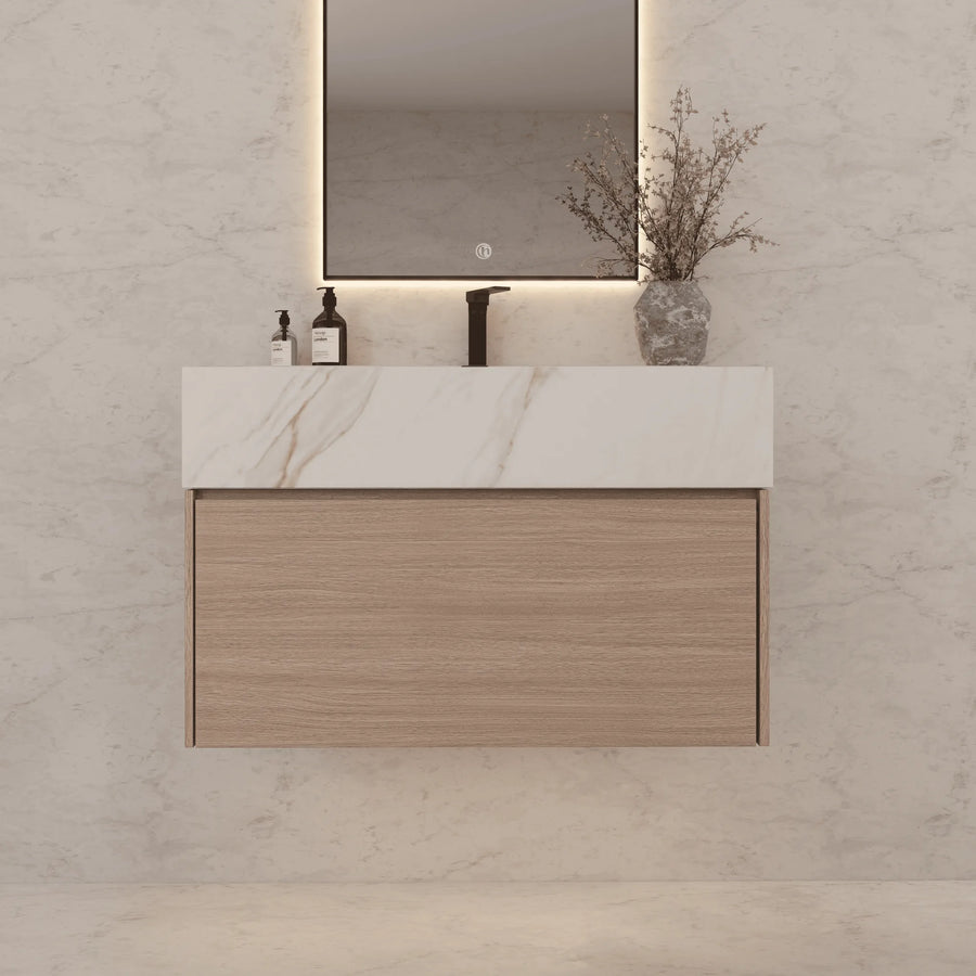 Aventino 32"/36"/40" Smoked Oak Fluted Floating Single-Sink Vanity with Sintered Stone Top