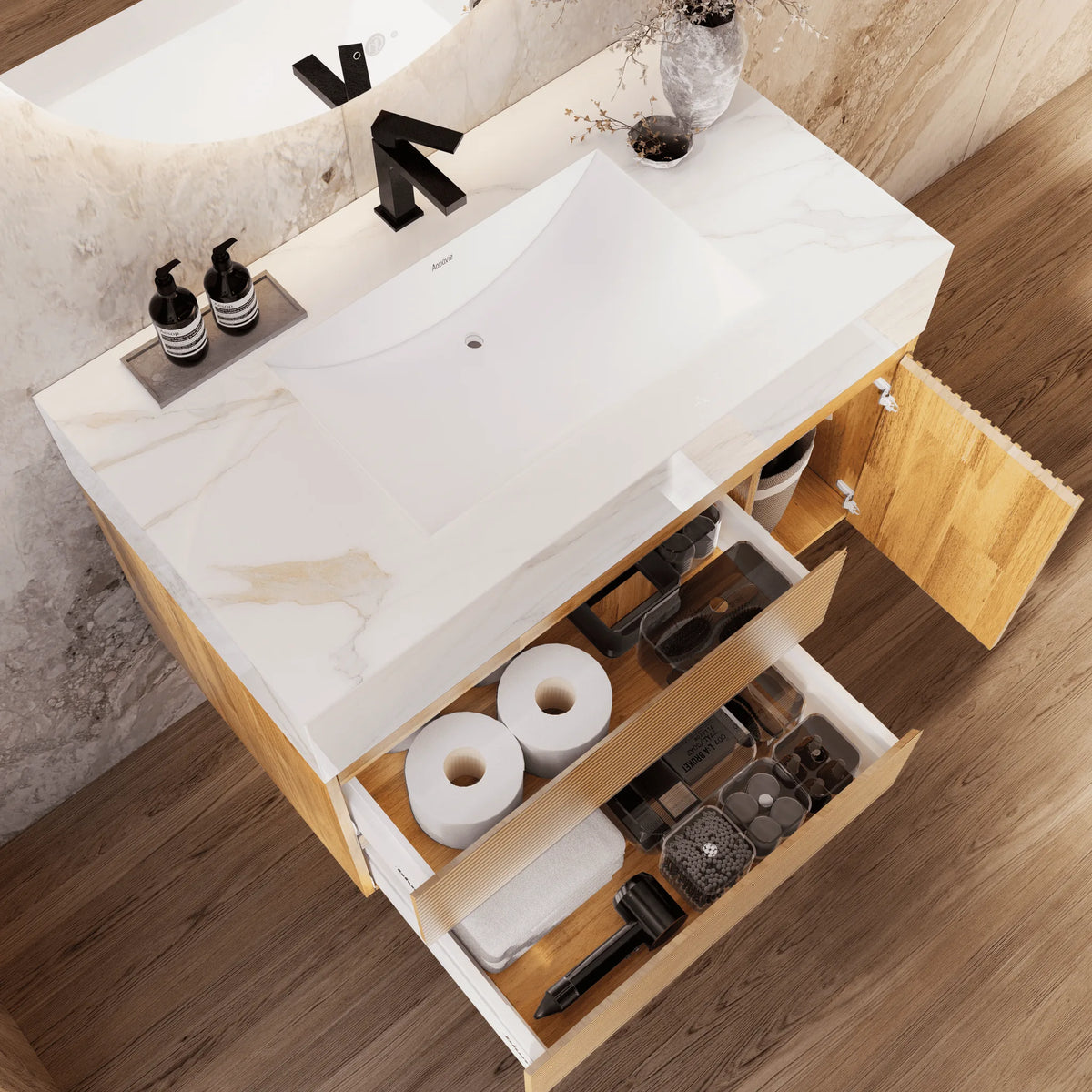 Aventino 32-40-inch calacatta gold fluted floating single-sink vanity — sintered stone top