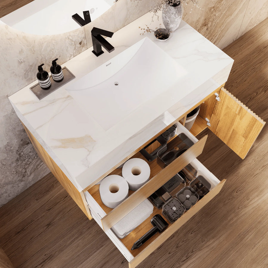 Aventino vanity with drawers open — Blum TandemBox soft-close slides